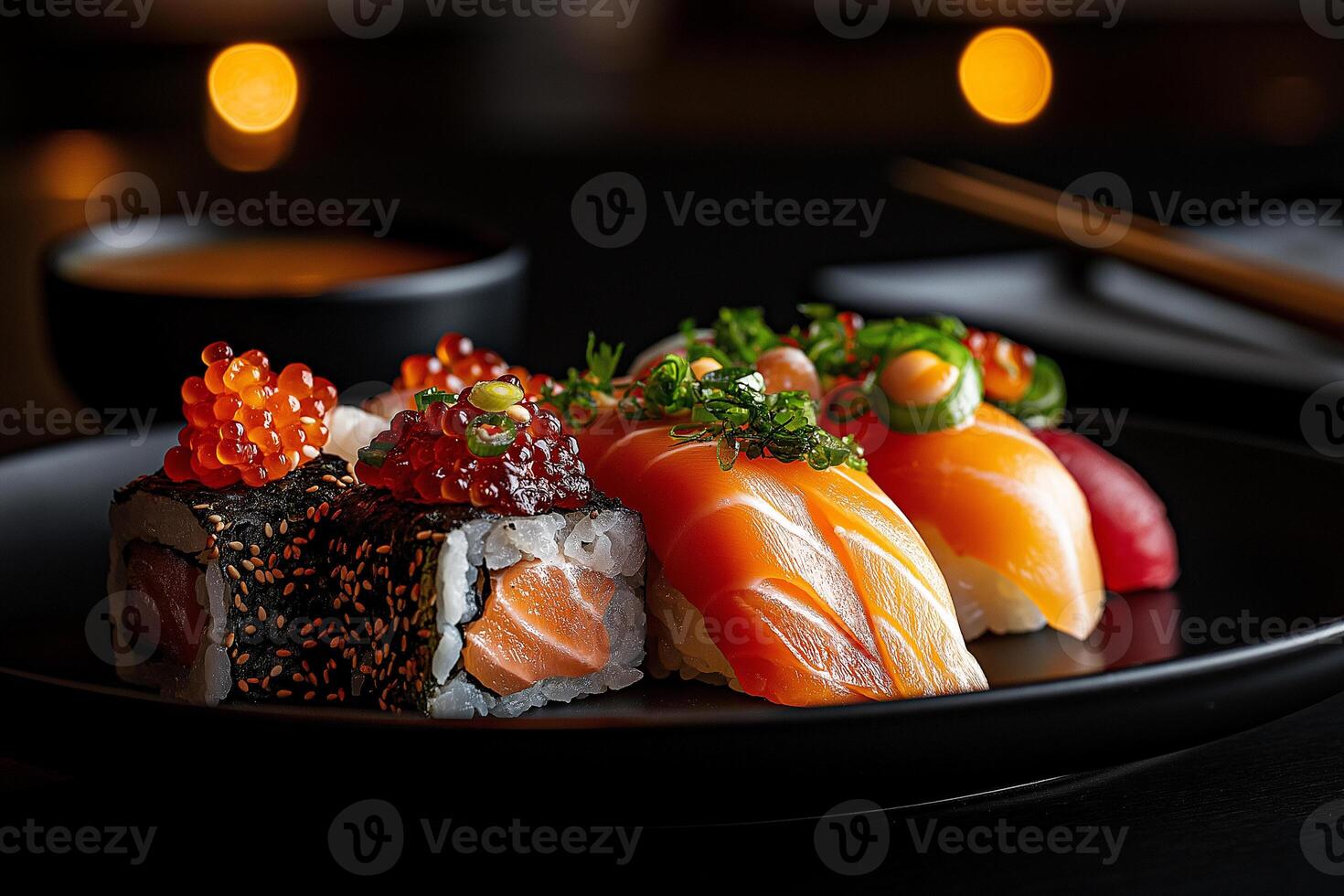 colorful plate of sushi featuring various types, including salmon, tuna, and roe, garnished with green onions and sesame seeds, perfect for delightful dining experience photo