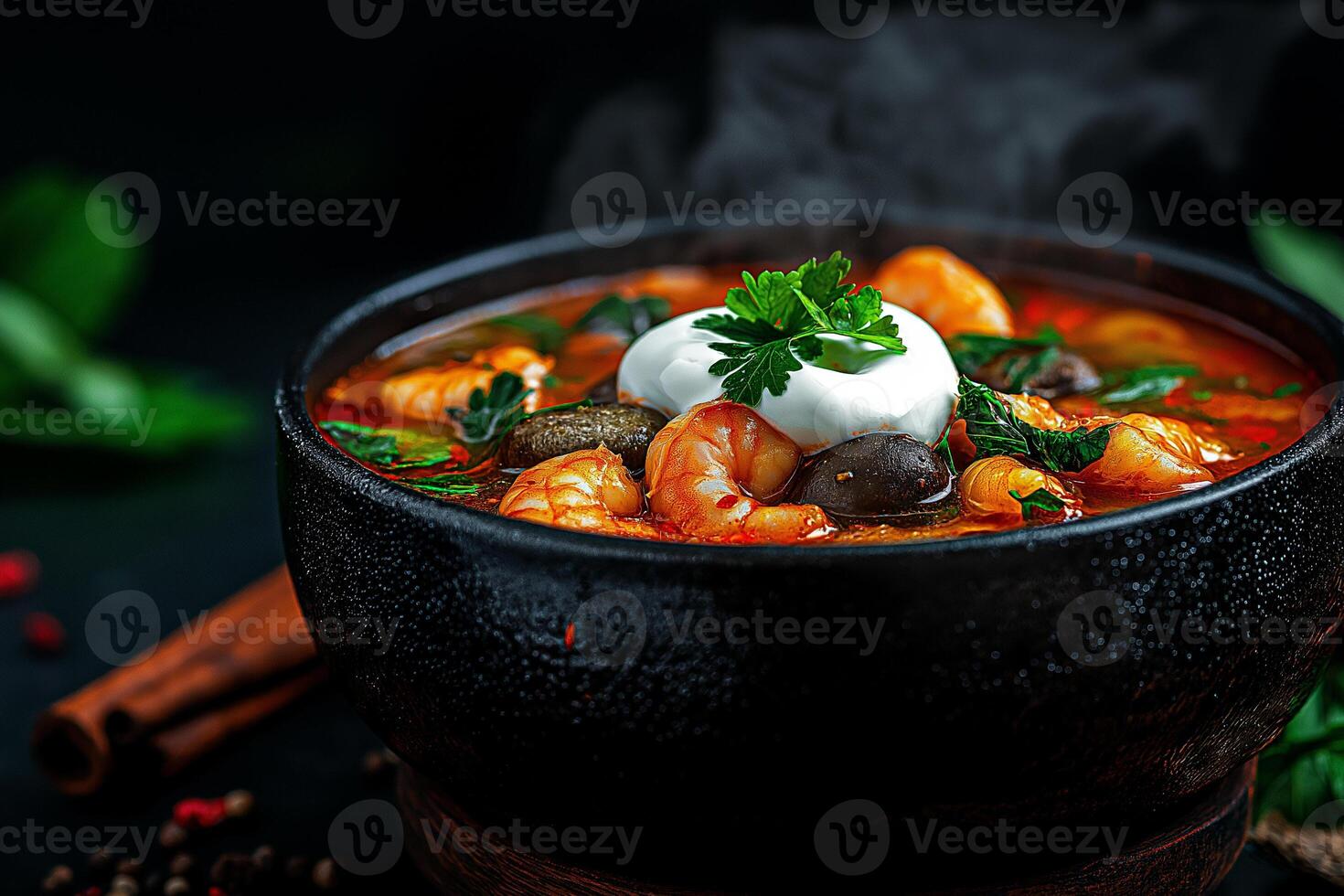 bowl of Tom Yum Goong soup, traditional Thai dish, featuring shrimp, herbs, and spices, garnished with dollop of cream. steam rising adds warmth and flavor photo