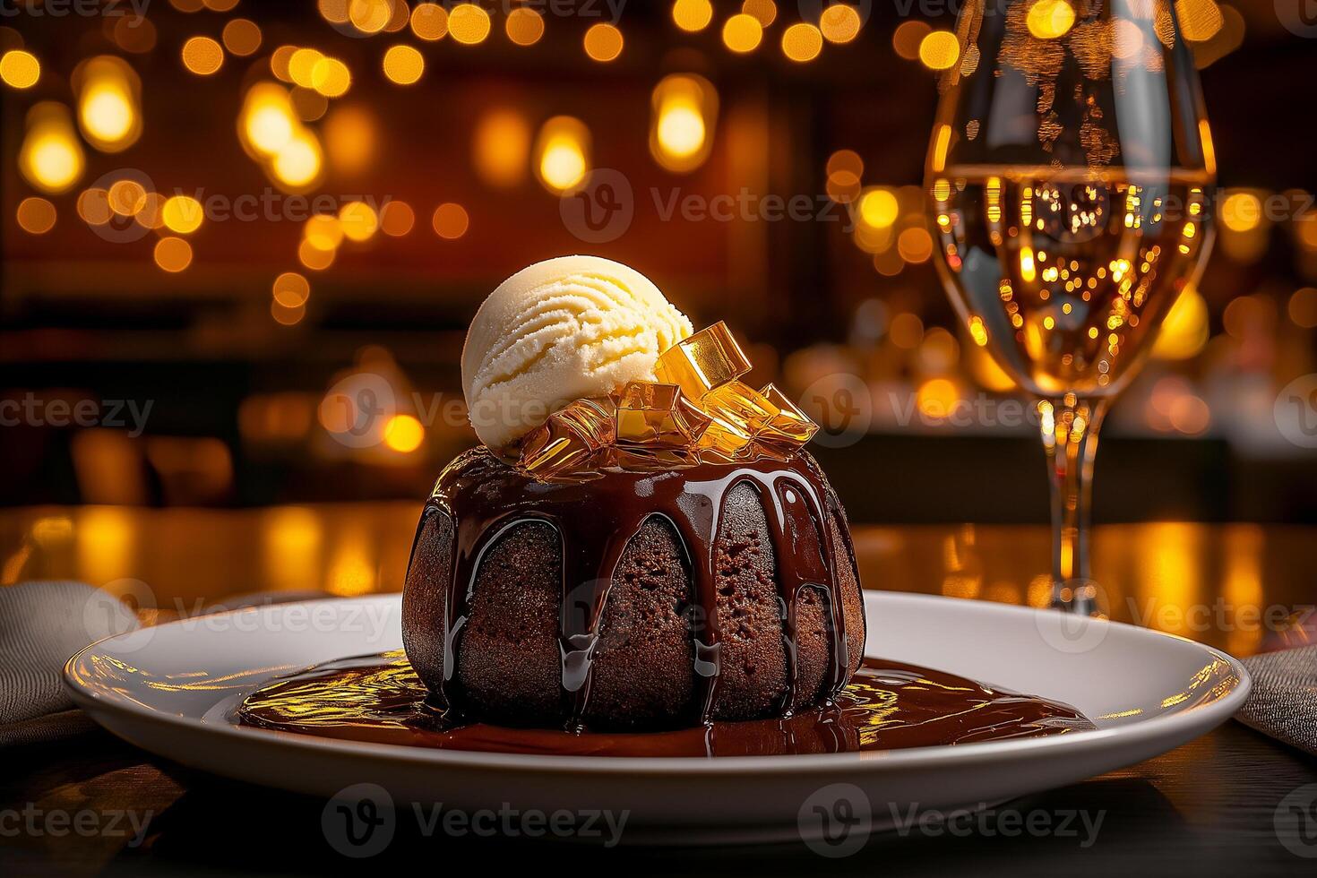 Decadent chocolate lava cake topped with vanilla ice cream and golden jelly, served on white plate. glass of sparkling wine adds elegance to warm, inviting atmosphere photo