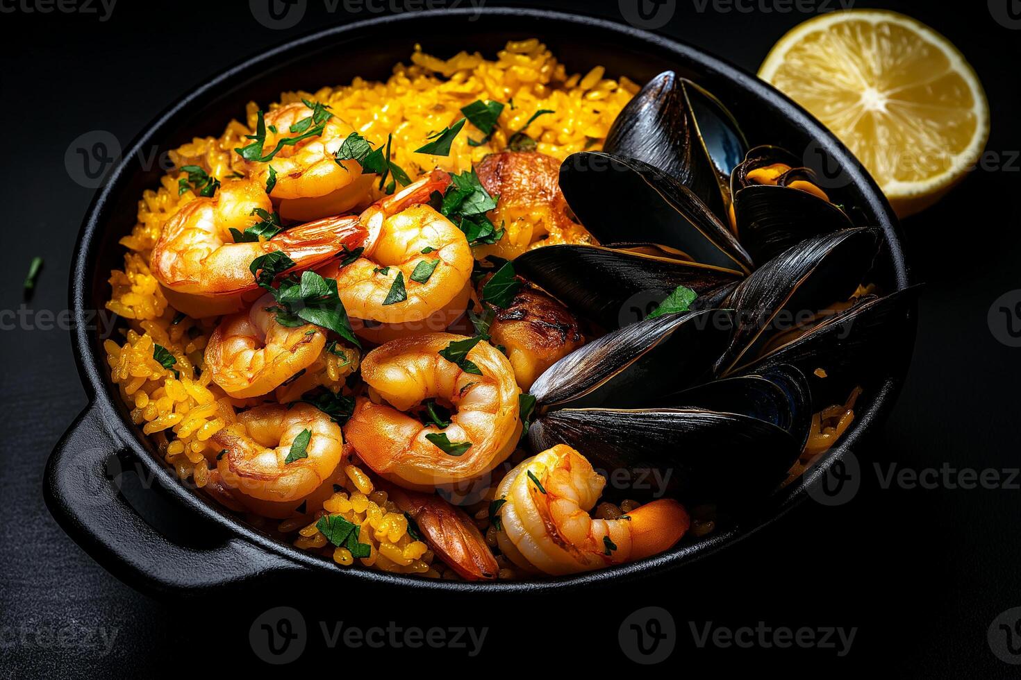black bowl filled with vibrant yellow paella, featuring shrimp, mussels, and fresh herbs, garnished with lemon wedge, creating delicious and inviting dish photo
