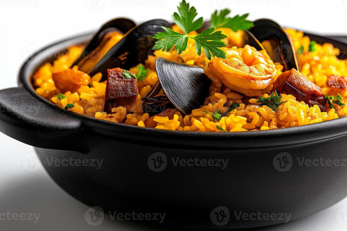 black bowl filled with vibrant yellow paella, featuring shrimp, mussels, and garnished with fresh parsley, evokes sense of culinary delight and warmth photo