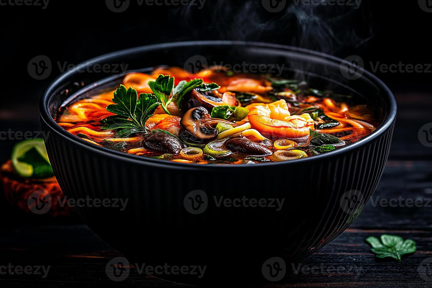 steaming bowl of Thai tom yum kung soup with shrimp, mushrooms, and lime, showcasing vibrant colors and fresh herbs, perfect for comforting meal photo