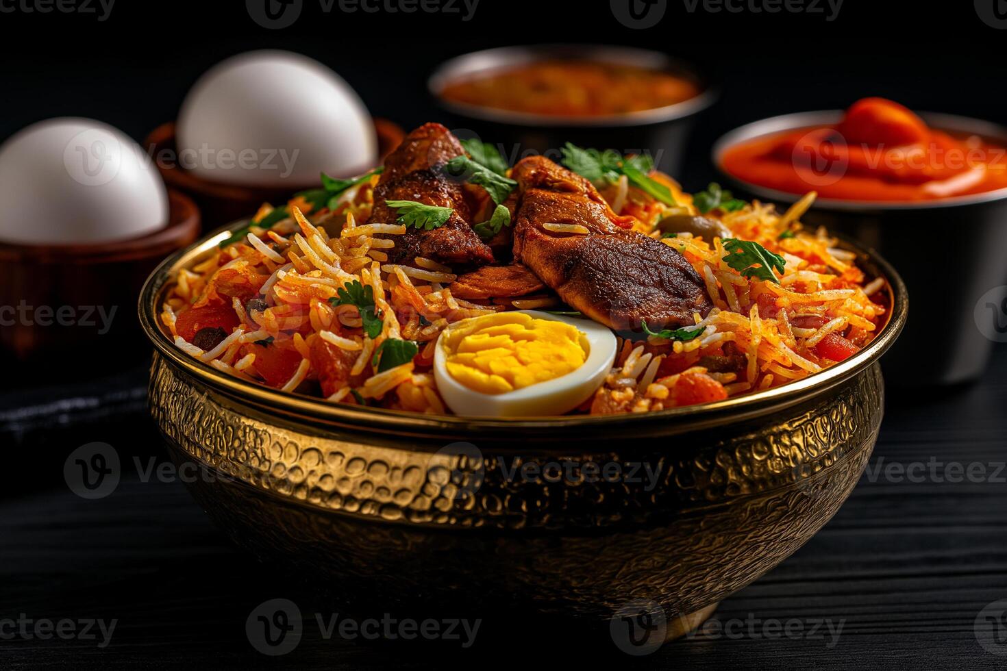 Delicious biryani with chicken, rice, and eggs garnished with herbs, served with spicy sauce. vibrant and flavorful dish perfect for any occasion photo