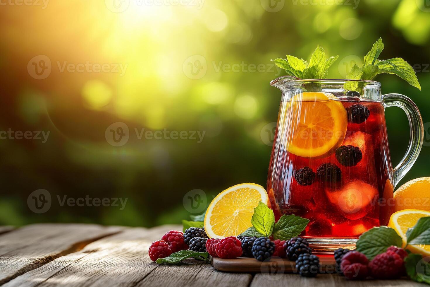 Refreshing summer cocktail with lemon, orange, and berries, garnished with mint, perfect for warm days. Enjoy vibrant colors and flavors in beautiful outdoor setting photo