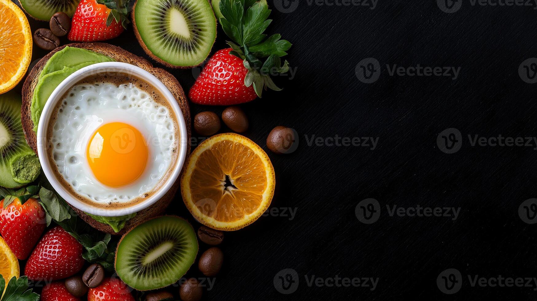 rustic wooden table features vibrant assortment of fresh fruits, including strawberries, oranges, and kiwis, alongside perfectly cooked egg. This colorful display evokes sense of freshness and photo