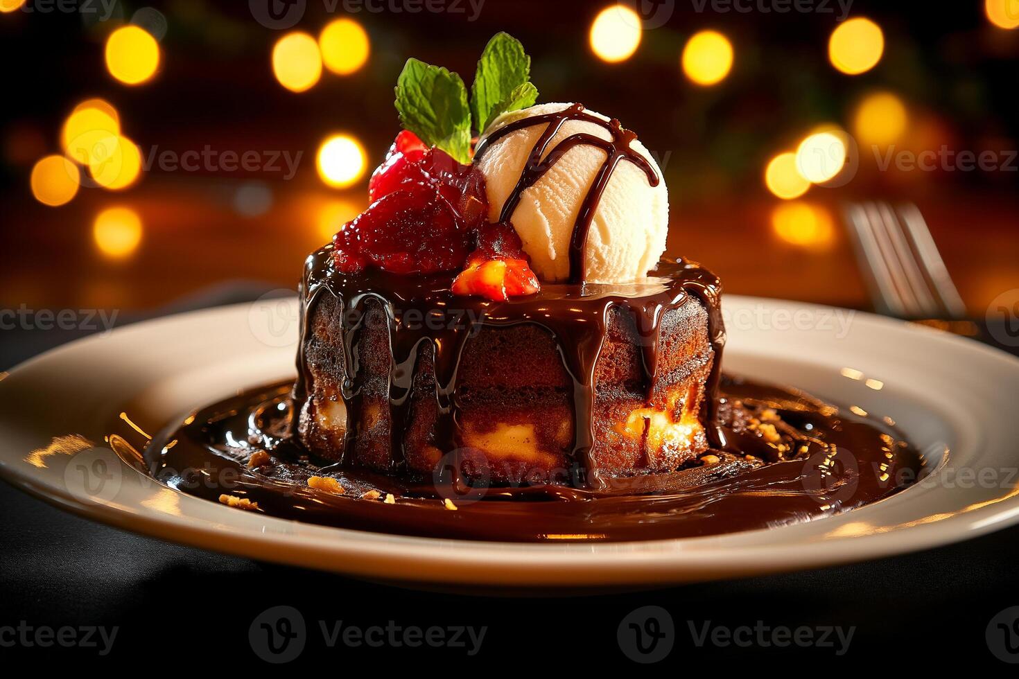 Decadent chocolate lava cake topped with vanilla ice cream, fresh berries, and mint, served on plate with rich chocolate sauce. Perfect for dessert lovers photo