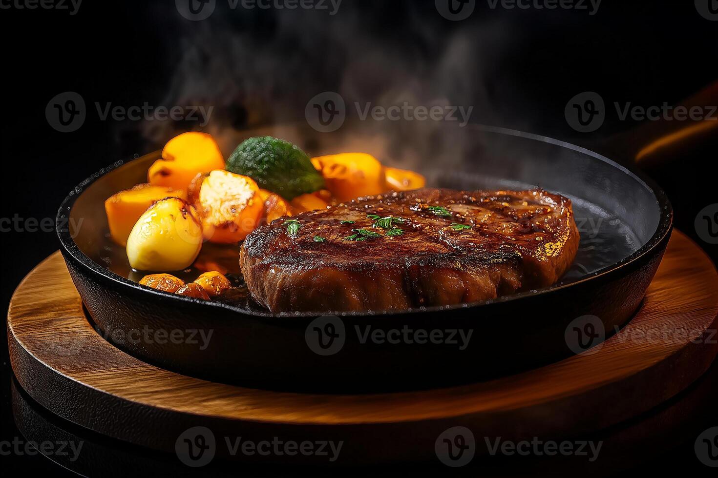 Juicy steak with grilled vegetables in cast iron pan, showcasing delicious meal. steam rising adds to appetizing presentation, perfect for food lovers photo