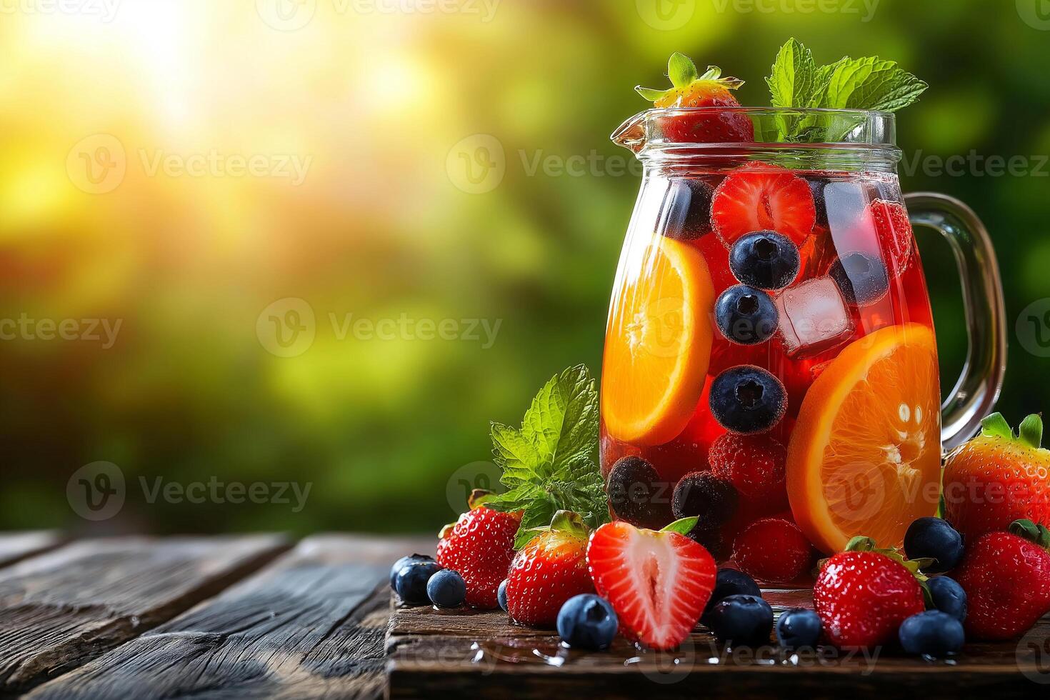 refreshing summer drink in elegant glass pitcher filled with vibrant fruits like strawberries, blueberries, and oranges, perfect for warm days photo