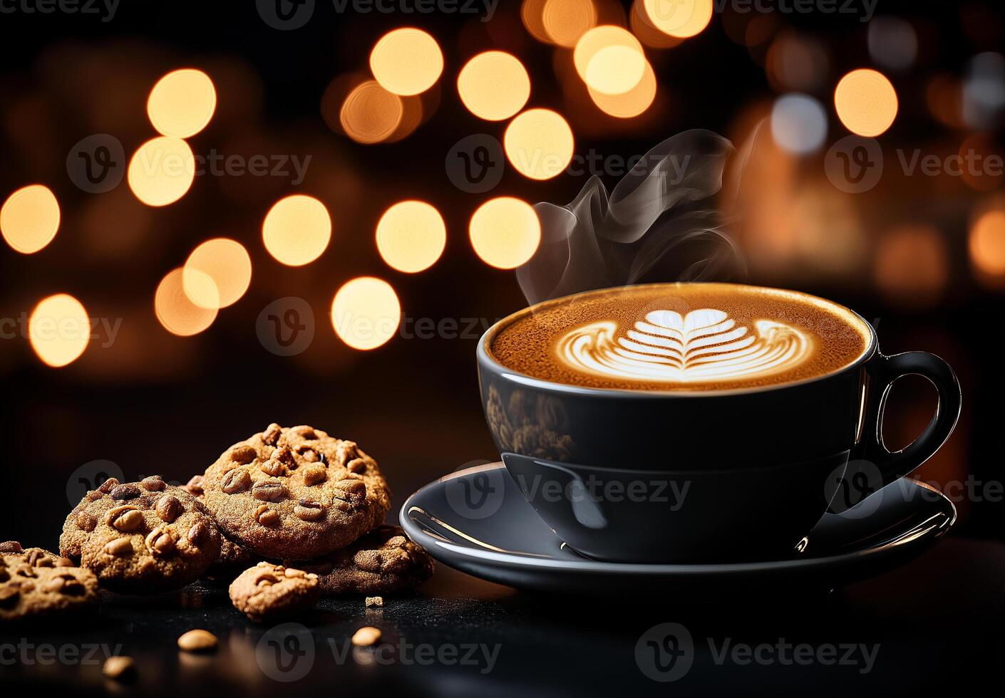 cup of cappuccino coffee with latte art, accompanied by cookies, creates warm and inviting atmosphere. soft bokeh lights in background enhance cozy feel photo