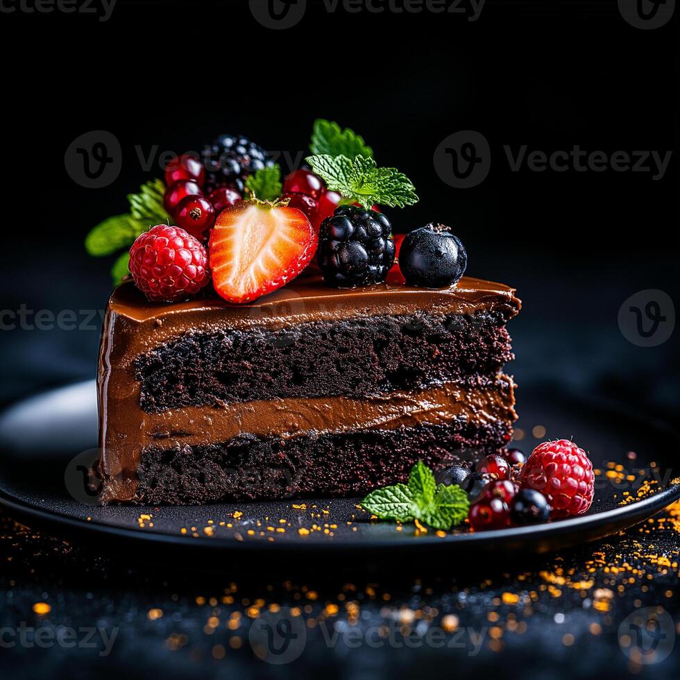 slice of rich chocolate cake topped with fresh berries and mint leaves, showcasing decadent dessert perfect for celebrations. dark background enhances its allure photo