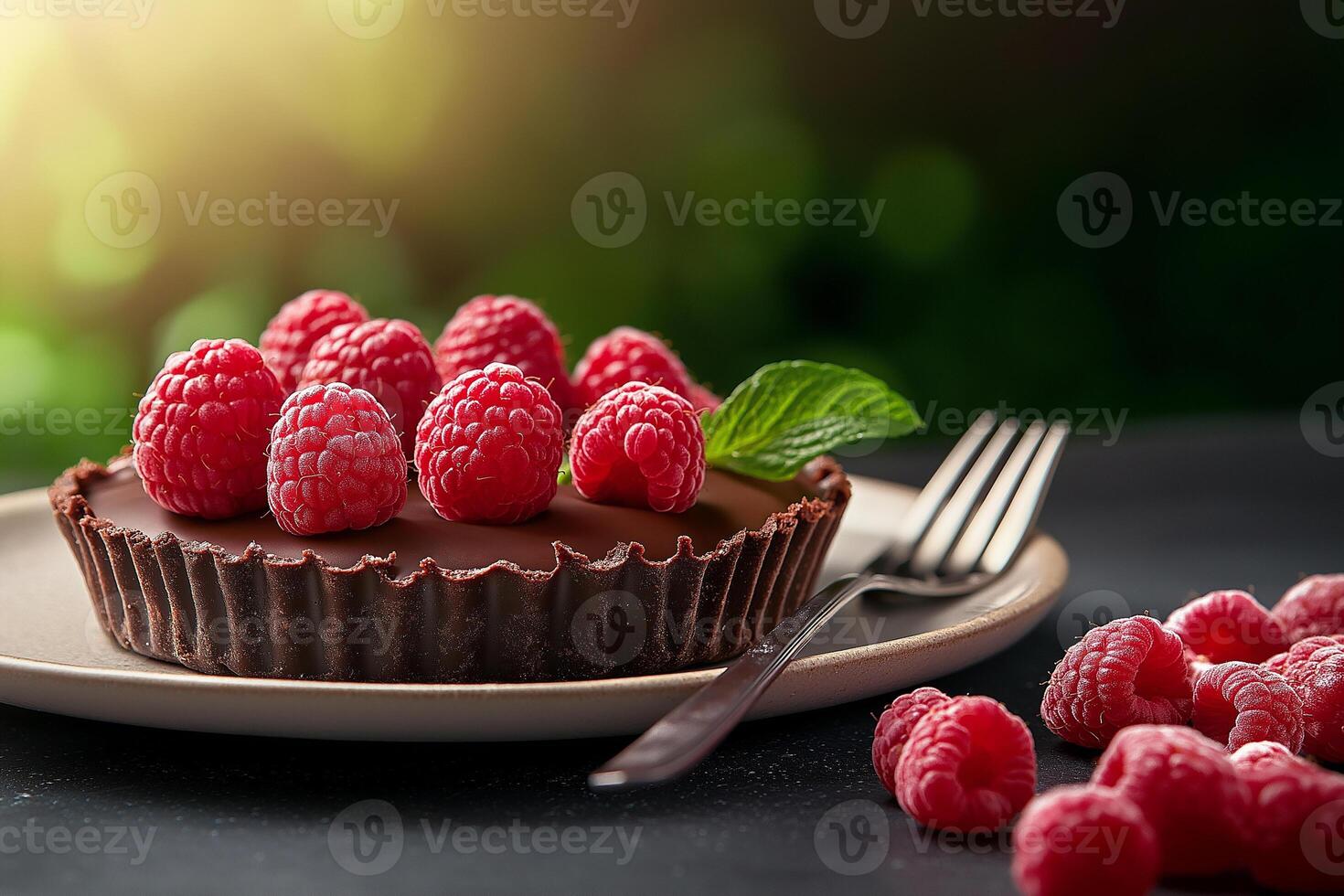 simple round chocolate tart topped with fresh raspberries and mint leaf, served on plate with fork. vibrant colors and textures create inviting dessert scene photo