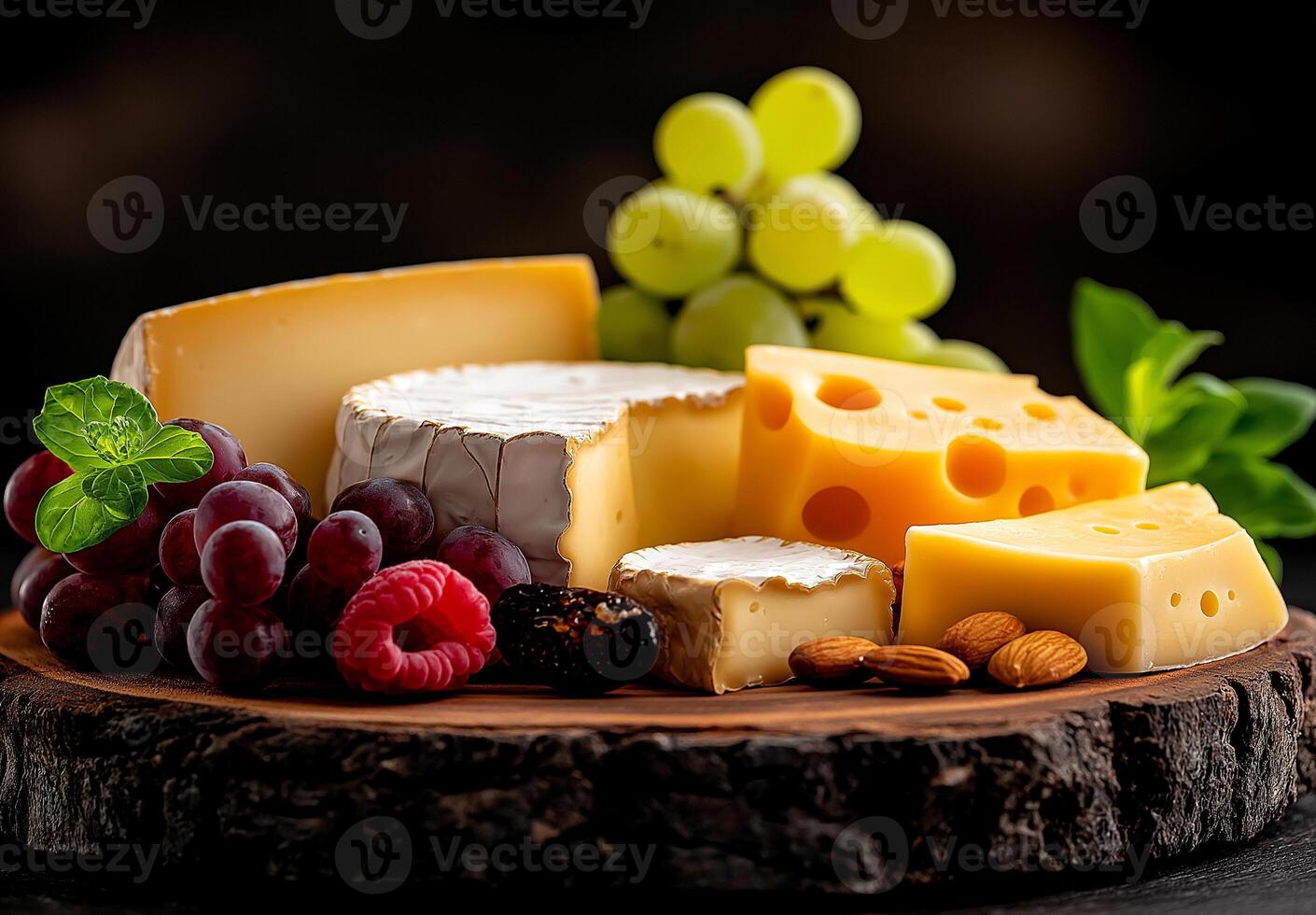 stunning cheese board featuring various types of cheese, grapes, raspberries, and almonds, perfect for gatherings and celebrations. vibrant colors and textures create inviting display photo