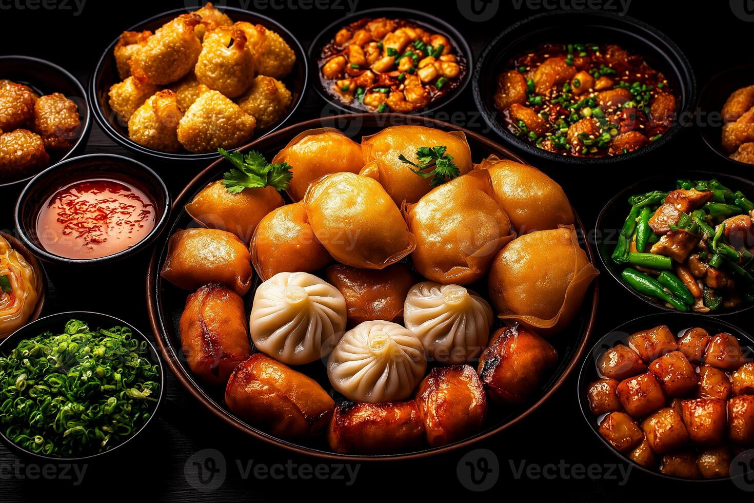 round table filled with various Chinese dim sum dishes, including dumplings, spring rolls, and sauces, creating vibrant and appetizing display photo