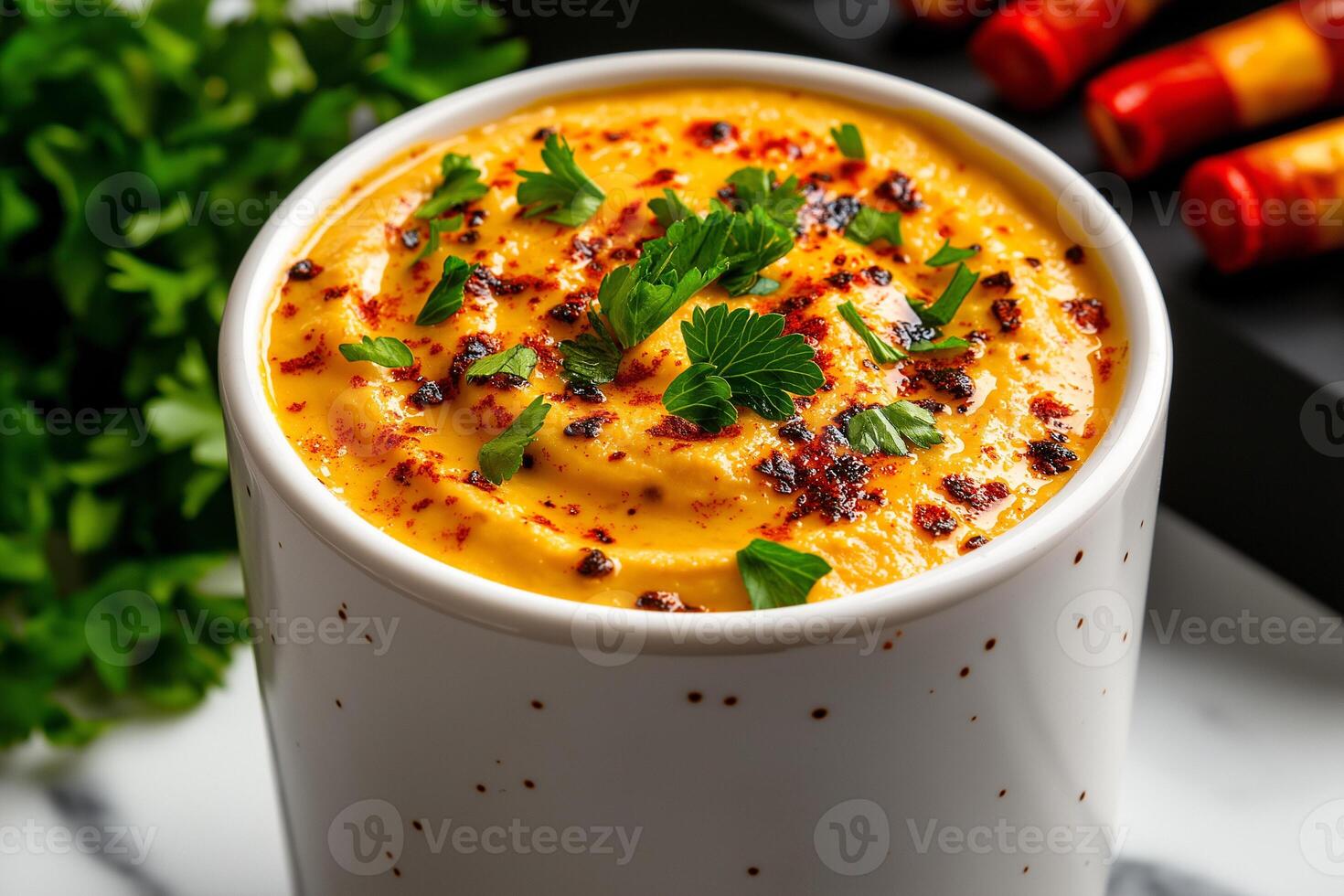 Creamy hummus topped with spices and fresh herbs in white bowl, surrounded by parsley and colorful condiments. Perfect for dipping and sharing photo