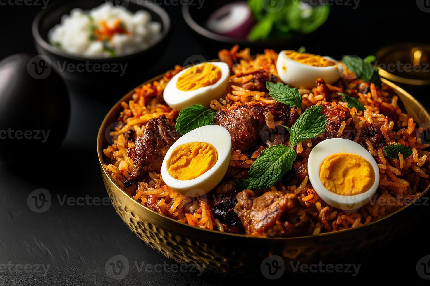 Delicious chicken biryani with hardboiled eggs and mint garnish, served in golden bowl. flavorful dish perfect for gatherings and celebrations photo