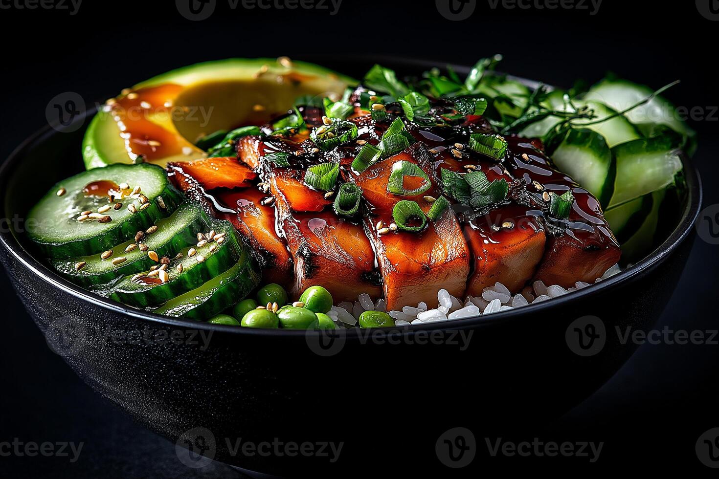 fresh and vibrant sashimi bowl featuring grilled salmon, avocado slices, and cucumber, garnished with green onions and sesame seeds, creating delightful culinary experience photo