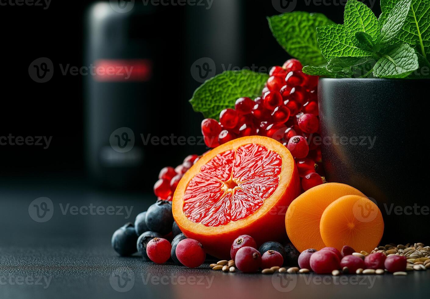 Fresh fruits and herbs arranged beautifully, showcasing vibrant colors and textures. This composition includes oranges, blueberries, red currants, and mint leaves, evoking sense of health and photo