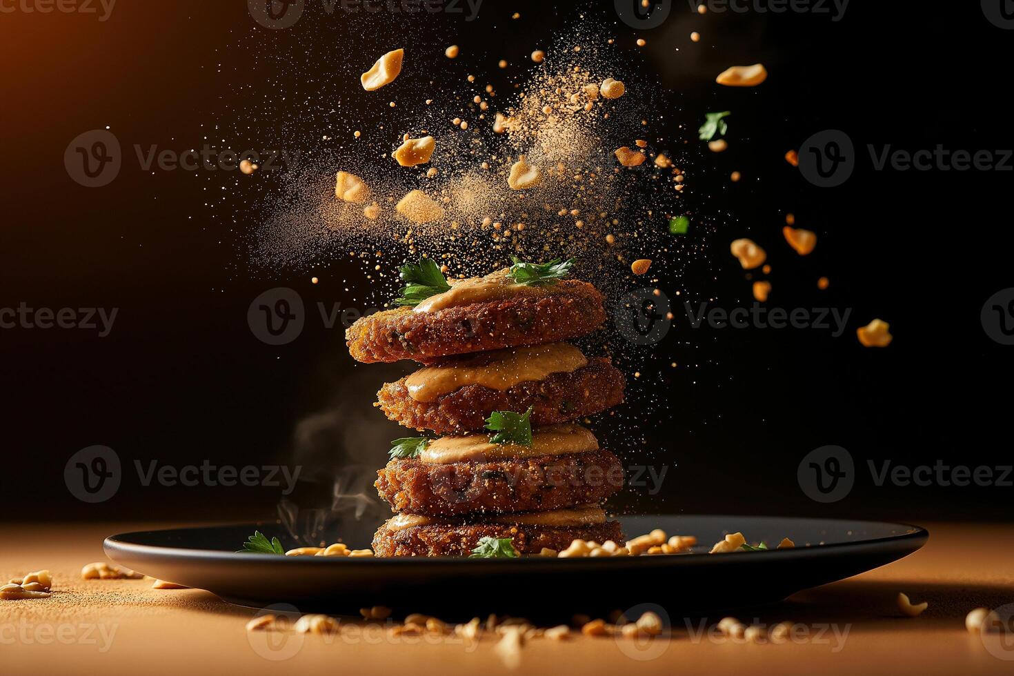 Delicious falafel patties stacked high, topped with creamy cashew sauce, garnished with herbs, and surrounded by crushed nuts, creating visually appealing dish photo