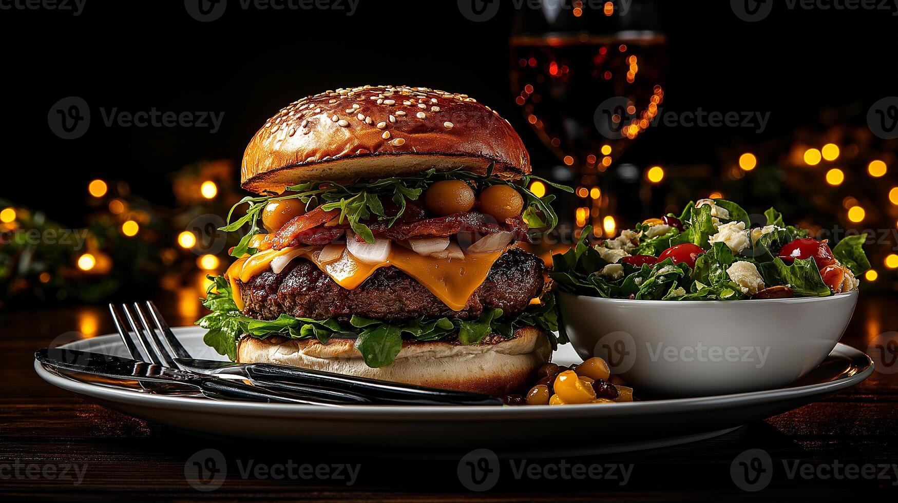 delicious burger with cheese, bacon, and fresh toppings served on plate alongside colorful salad. warm ambiance is enhanced by soft lighting and glass of wine in background photo