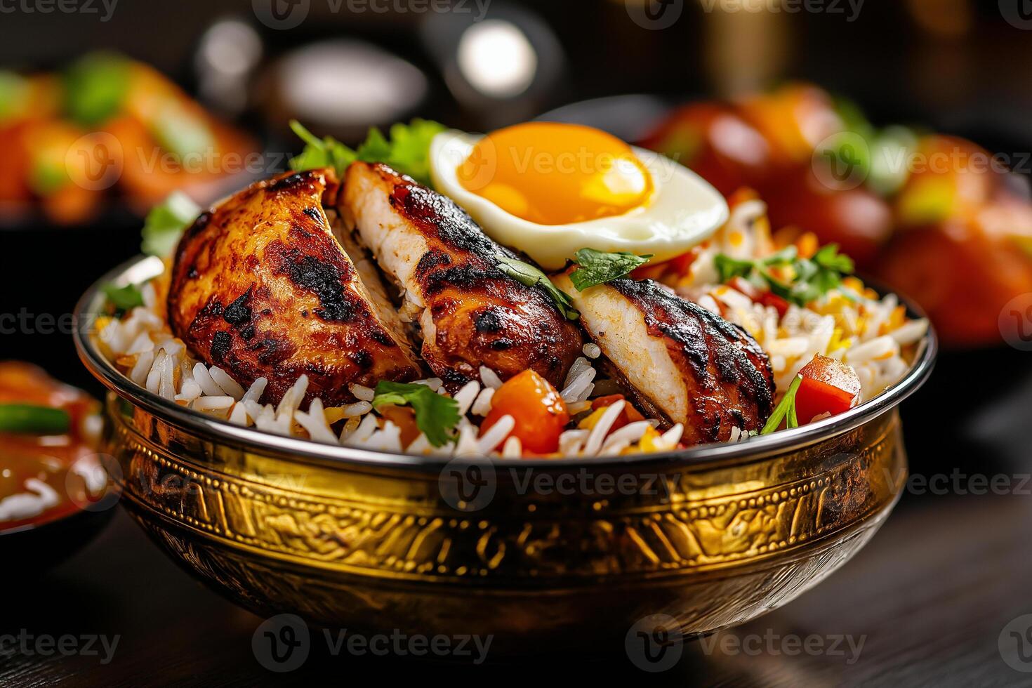 Delicious biryani with grilled chicken, rice, and fried egg, garnished with herbs and vegetables, creating vibrant and appetizing dish photo