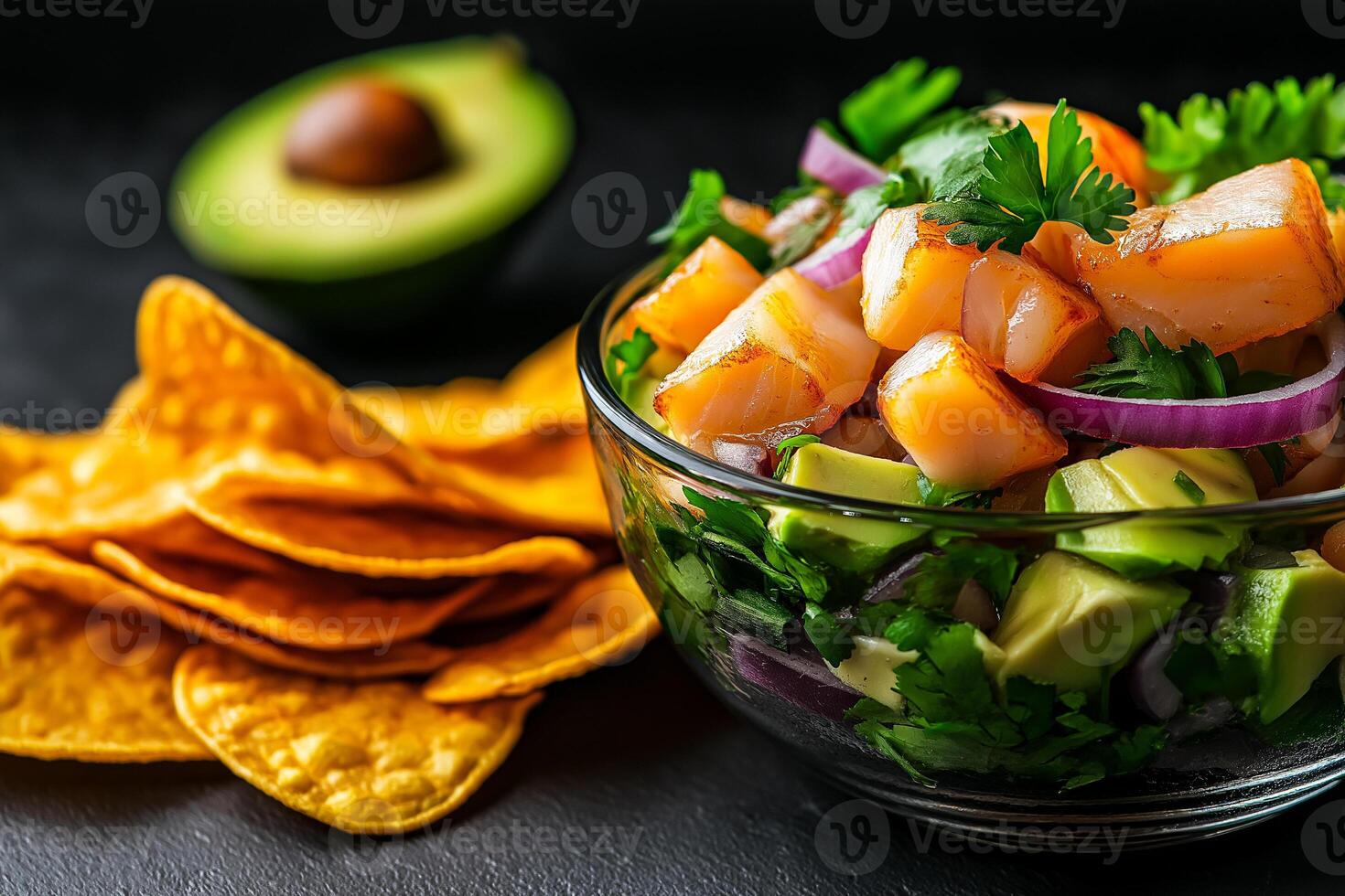 Fresh ceviche with white fish, red onion, and lime served in glass bowl, accompanied by crispy tortilla chips and halved avocado. vibrant and appetizing dish perfect for sharing photo