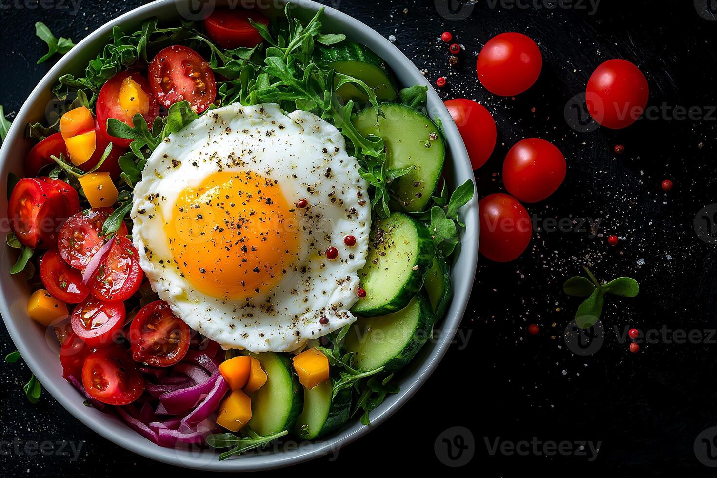 Fresh salad with mixed vegetables, fried egg, and vibrant colors photo