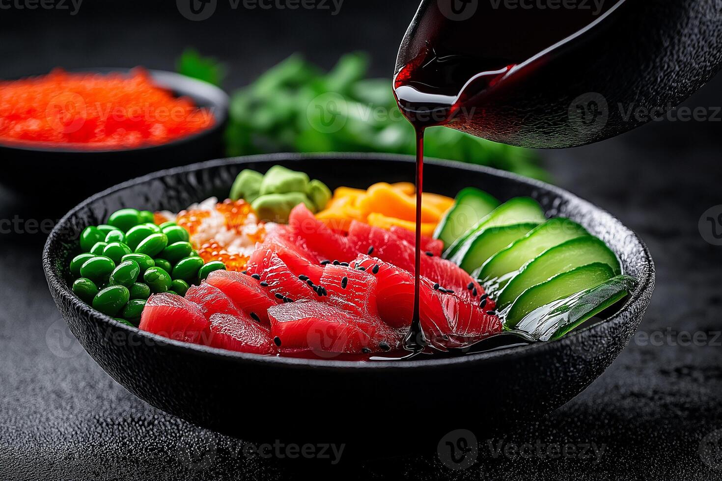vibrant sashimi bowl featuring fresh tuna, avocado, and colorful vegetables, drizzled with sauce. Perfect for sushi lovers seeking delicious and healthy meal photo