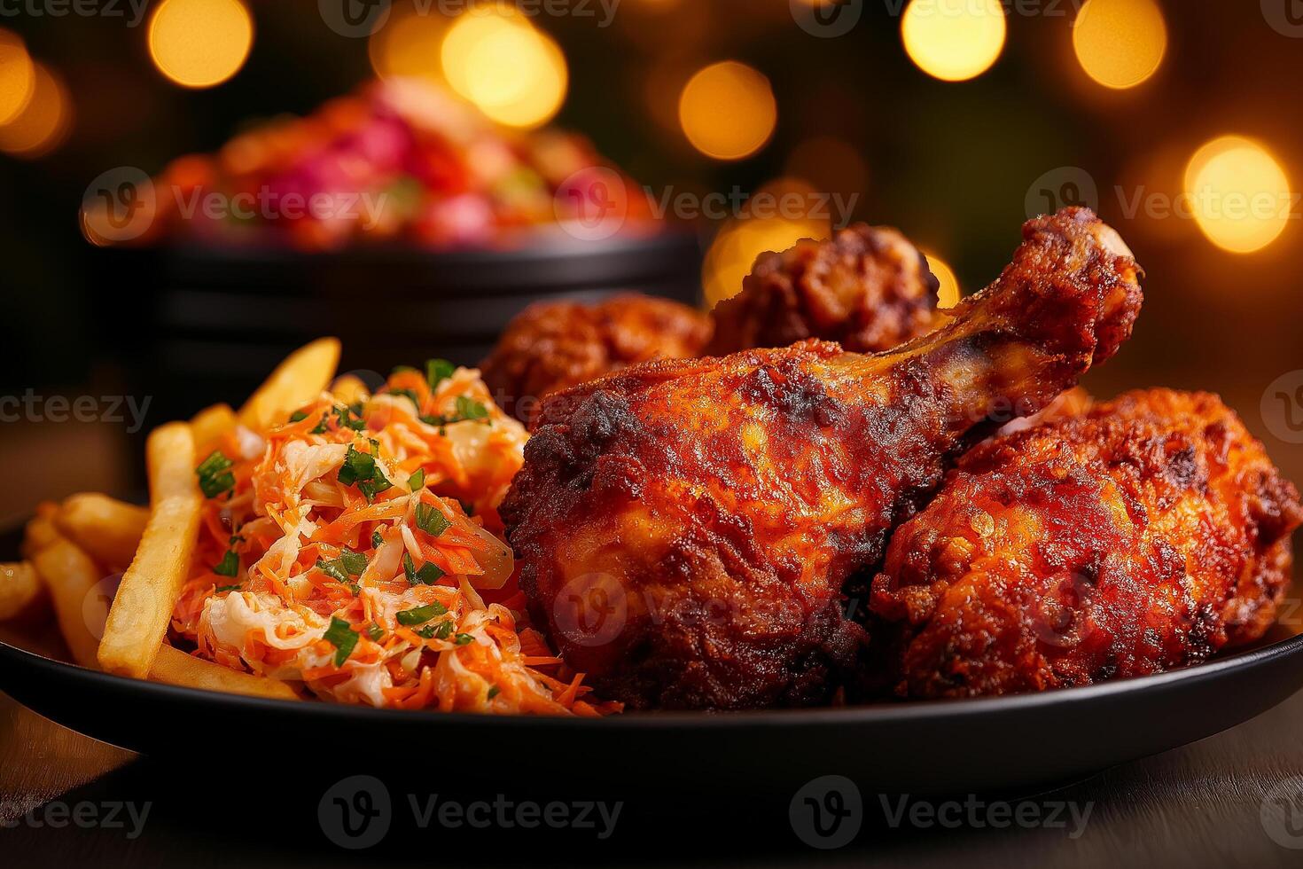 Delicious plate of hot and spicy fried chicken with coleslaw and fries, perfect for festive gathering. vibrant colors and textures create inviting atmosphere photo