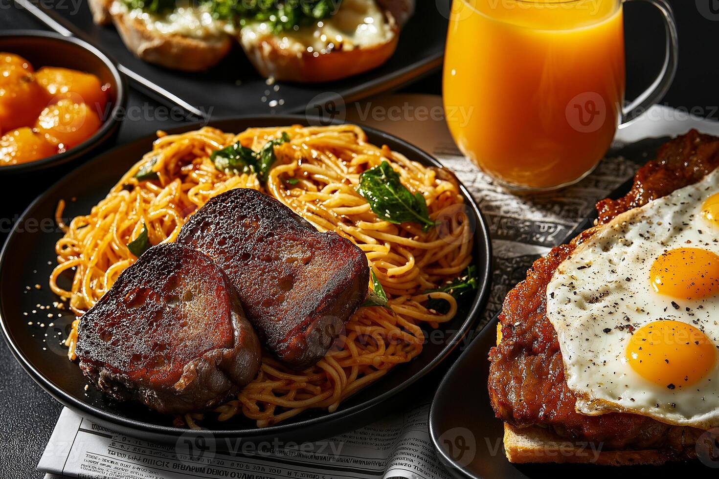 Delicious flat lay of pasta, grilled meat, fried eggs, and orange juice, showcasing vibrant meal with rich flavors and textures, perfect for food lovers photo