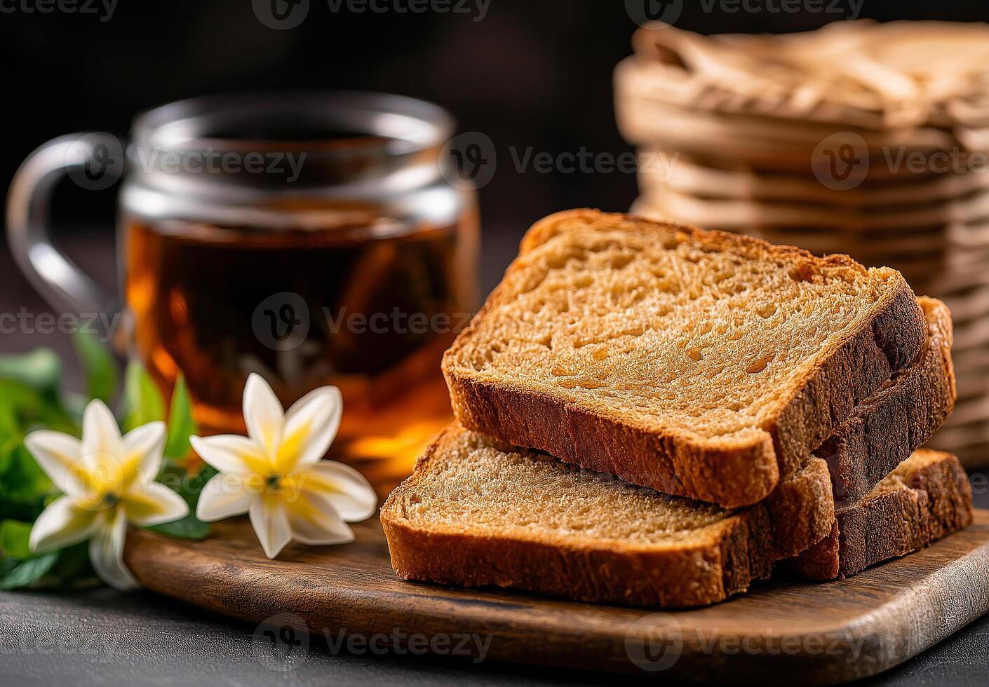 Freshly sliced homemade bread with tea and flowers on wooden board, creating warm and inviting atmosphere. Perfect for breakfast or cozy afternoon snack photo