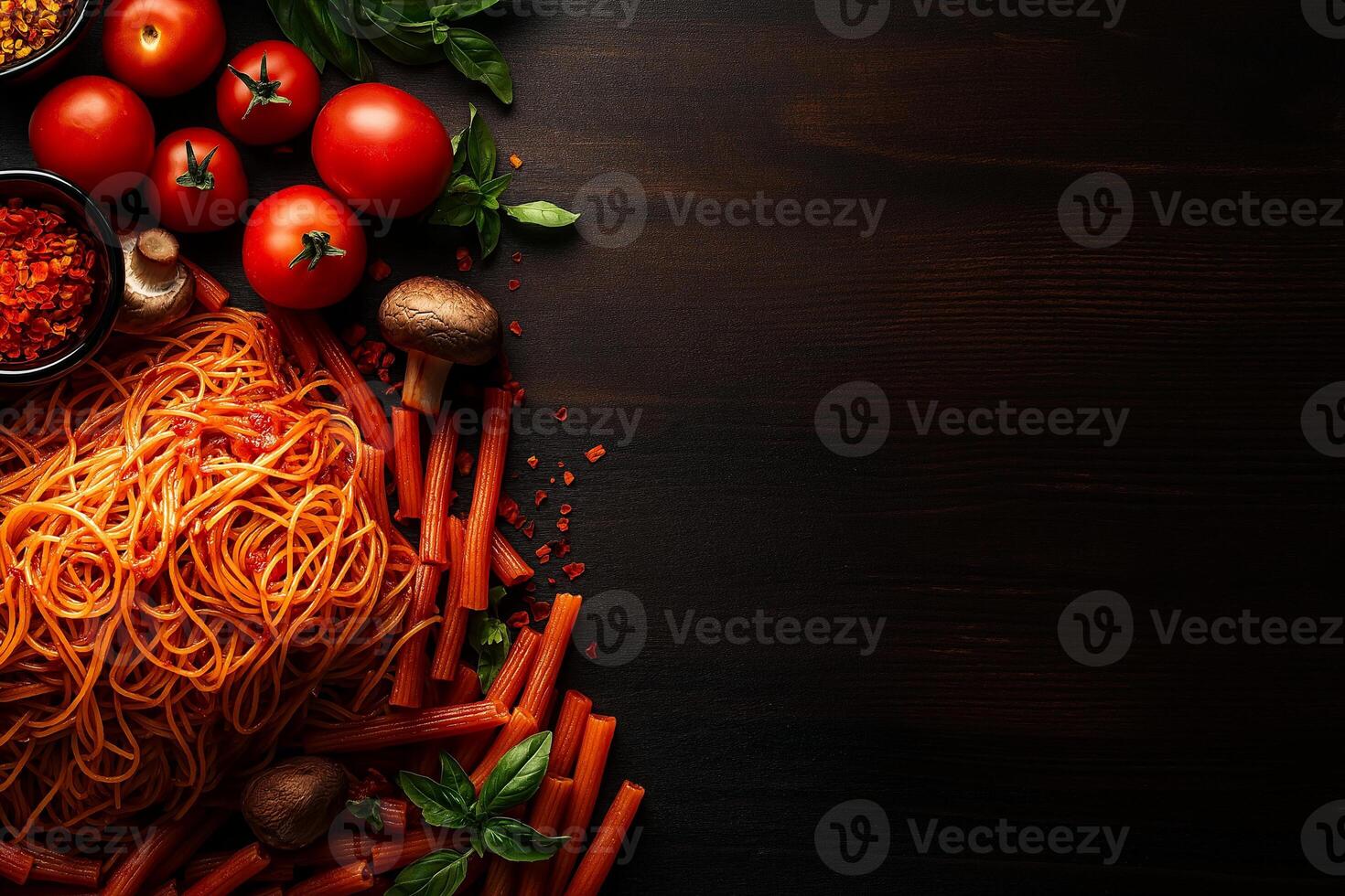 Delicious spaghetti with fresh vegetables, mushrooms, and tomatoes, garnished with herbs, creating vibrant and appetizing scene perfect for culinary inspiration photo