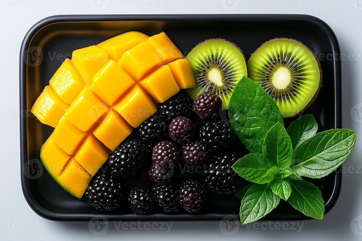 Fresh mango, kiwi, blackberries, and mint leaves arranged on black tray, creating vibrant and healthy fruit display. Perfect for refreshing snack or dessert photo