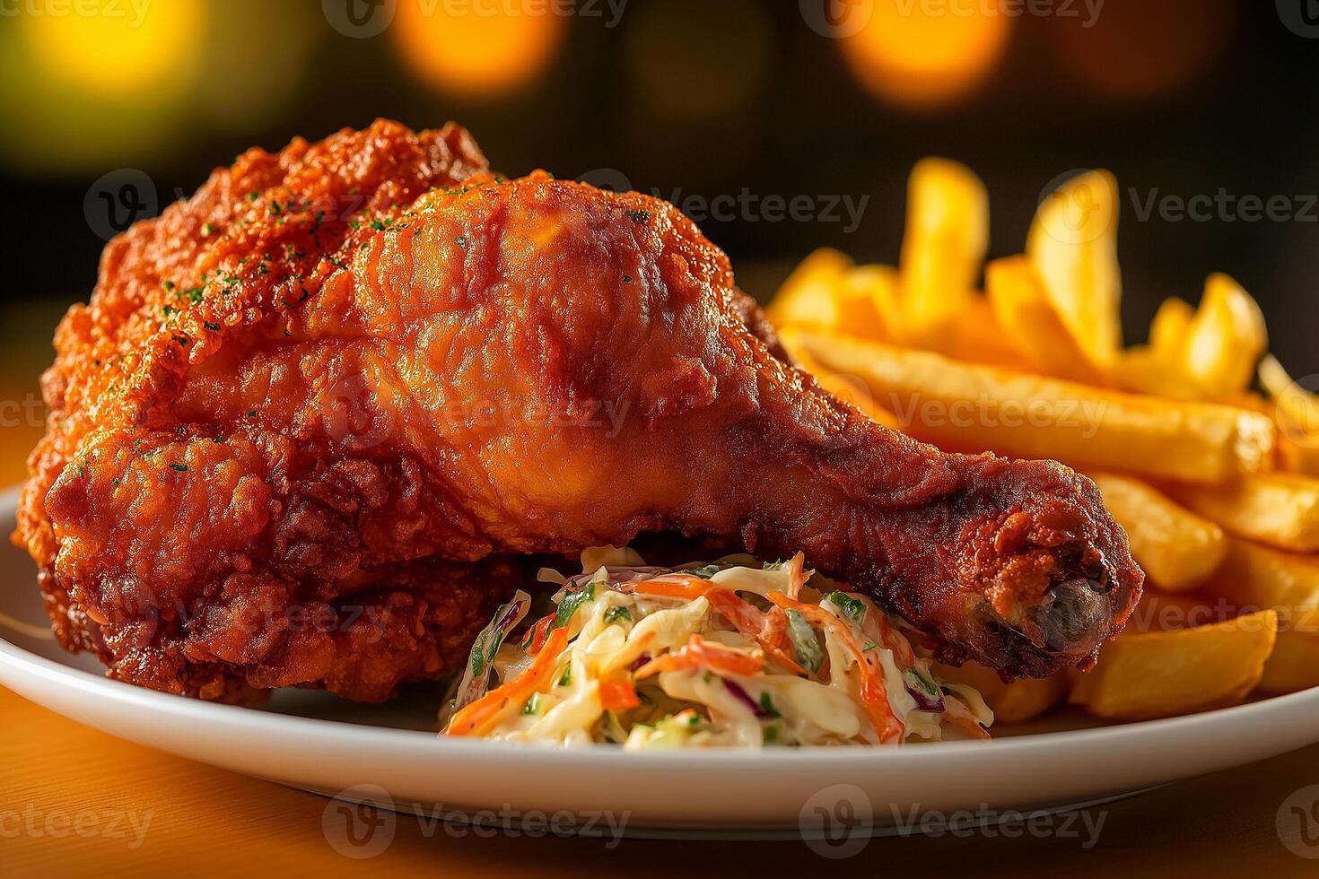 Crispy fried chicken leg served with coleslaw and golden fries, creating delicious and satisfying meal. Perfect for comfort food lovers photo