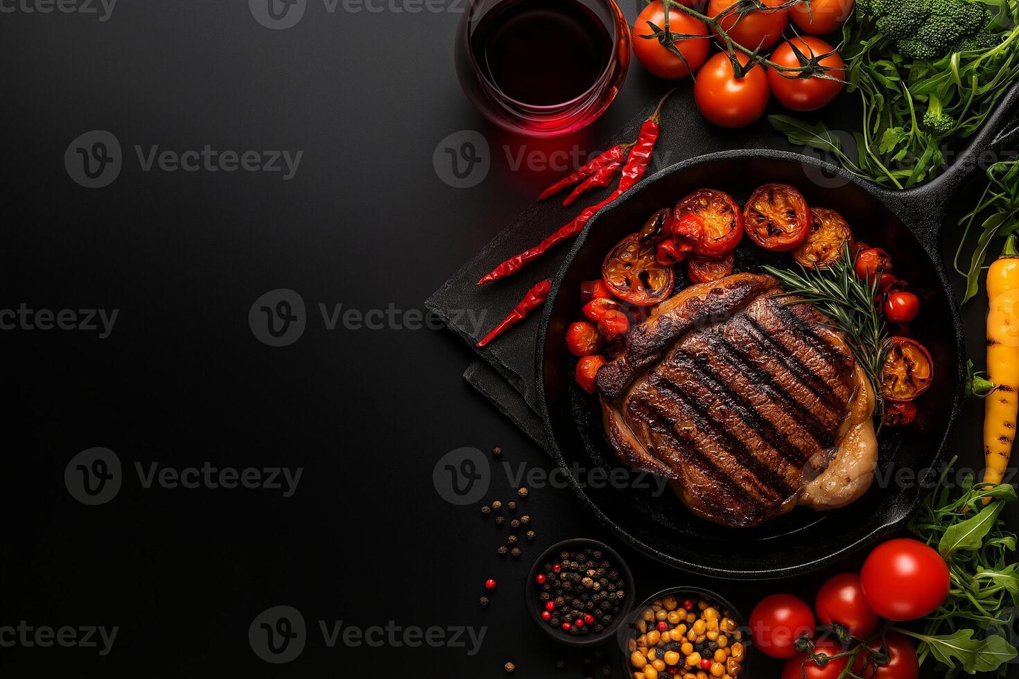 Delicious medium rare steak served in cast iron skillet, surrounded by fresh vegetables, herbs, and spices, creating vibrant and appetizing scene photo