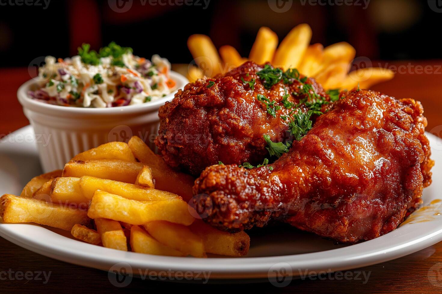 Fried chicken served with crispy fries and coleslaw, garnished with parsley, creates delicious and satisfying meal. Perfect for comfort food lovers photo
