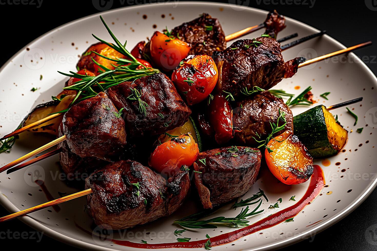Grilled beef shish kebab with vegetables on white plate, garnished with herbs, showcasing vibrant colors and delicious presentation. Perfect for summer barbecue photo