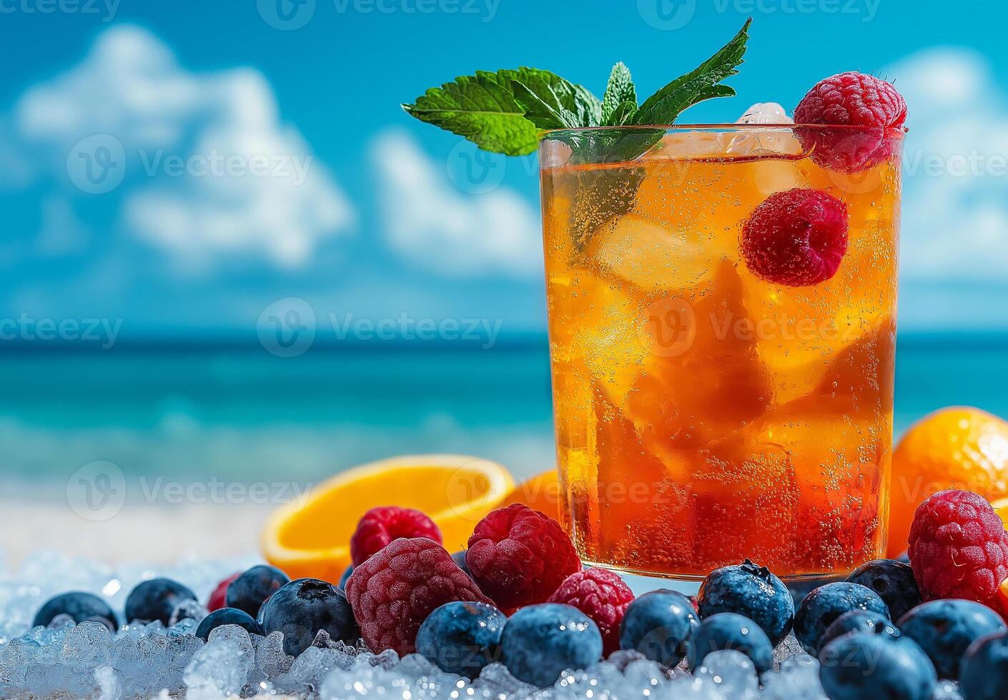 Colorful summer cocktail with blueberries and raspberries, garnished with mint, set against beach backdrop. Refreshing drink perfect for warm days photo