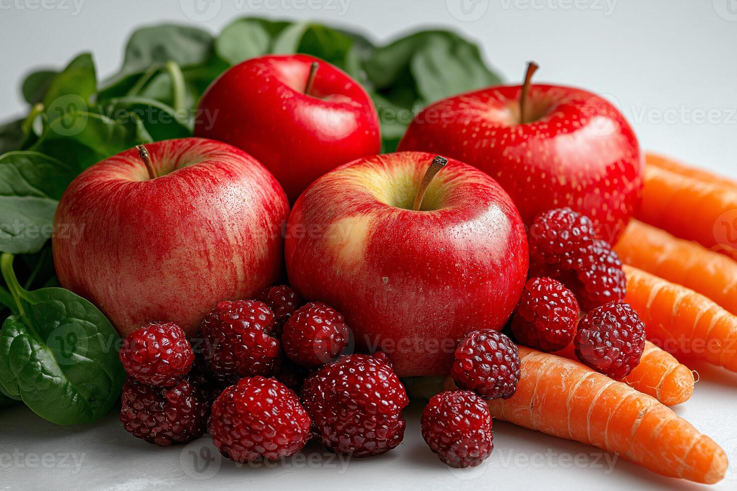 Fresh apples, raspberries, carrots, and spinach create vibrant display of healthy fruits and vegetables, showcasing their rich colors and textures photo