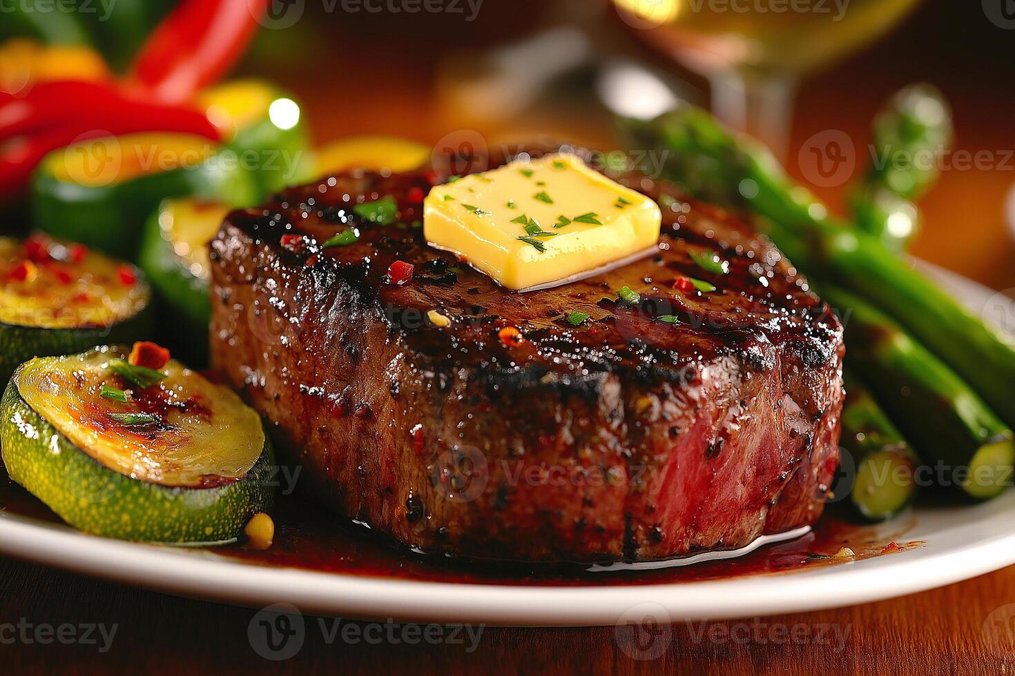 Juicy grilled steak topped with butter, served with vegetables and sauce. delicious meal perfect for meat lovers, showcasing vibrant colors and textures photo