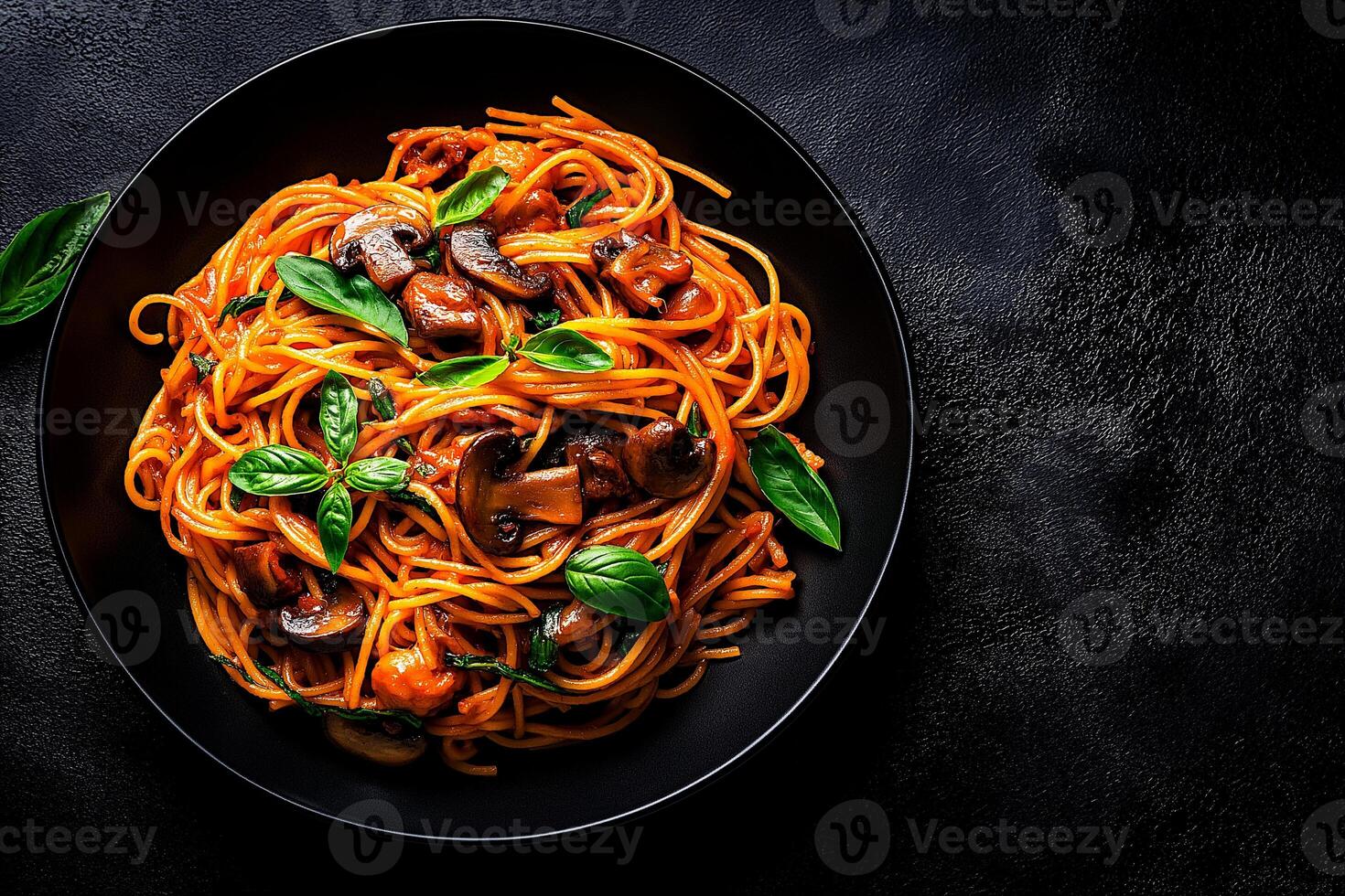 Delicious spaghetti with vegetables and mushrooms garnished with fresh basil, served in black bowl. This vibrant dish is perfect for pasta lovers photo