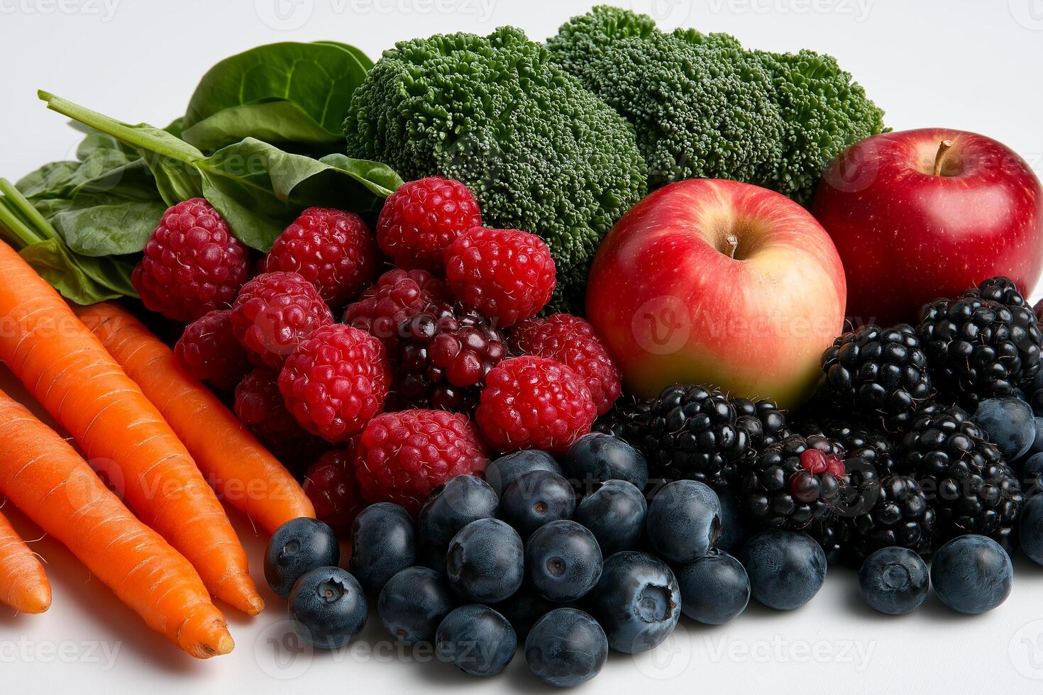Fresh fruits and vegetables including apples, carrots, spinach, broccoli, and various berries create vibrant and healthy display. This colorful arrangement promotes nutrition and wellness photo