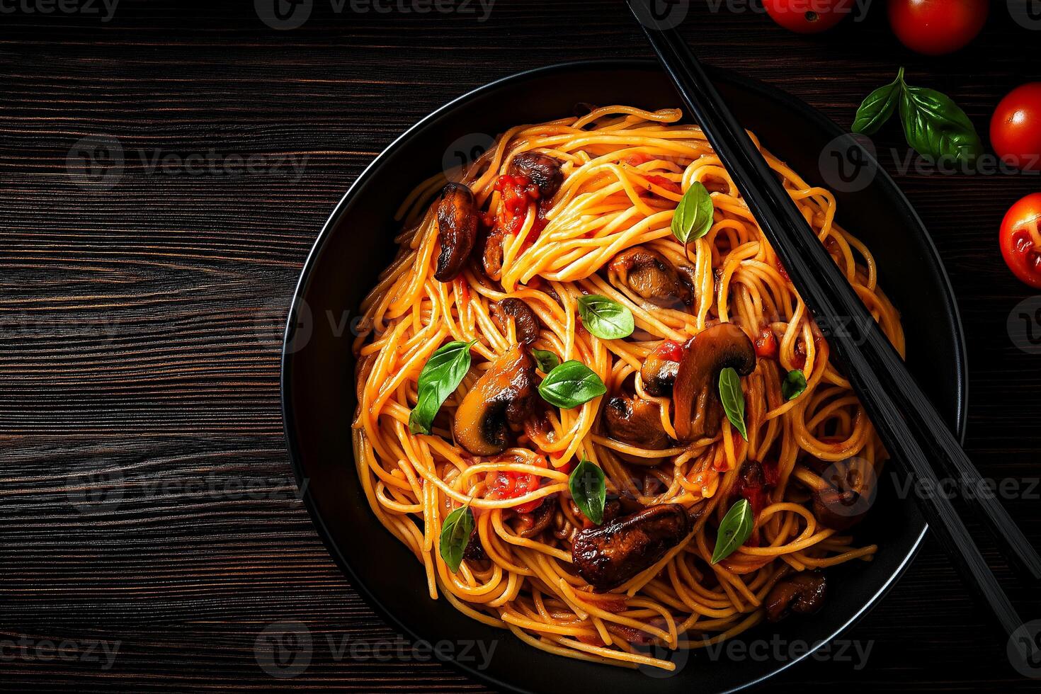 Delicious spaghetti with mushrooms and tomatoes garnished with fresh basil, served in black bowl with chopsticks. perfect meal for pasta lovers photo