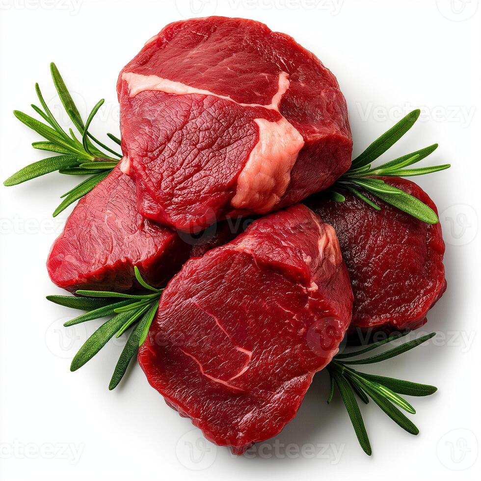 Fresh raw beef steaks with herb on white background showcasing rich red color and texture. Perfect for culinary presentation and recipe photo