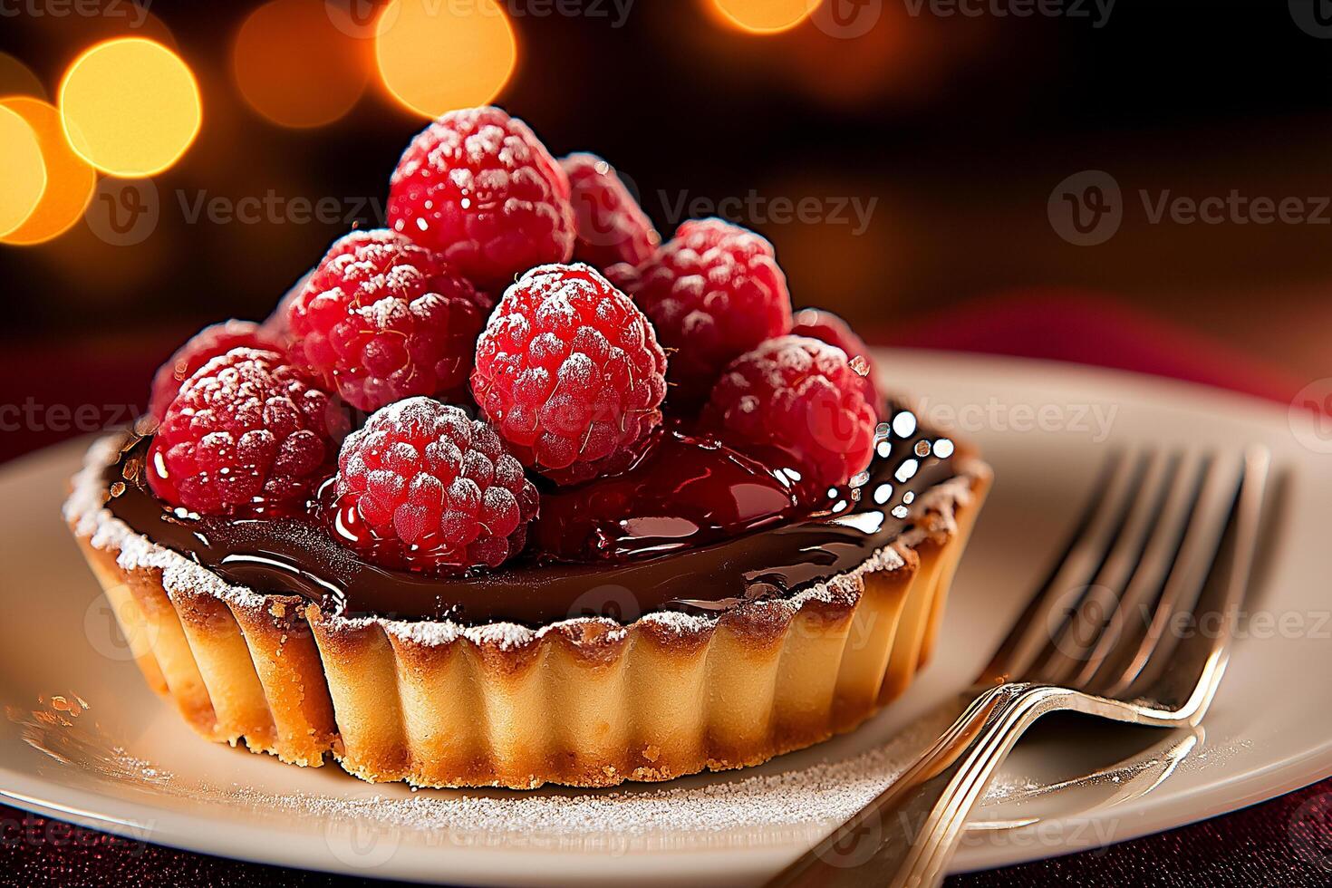 simple round chocolate tart topped with fresh raspberries, dusted with powdered sugar, served on plate with fork. warm bokeh background adds cozy atmosphere photo