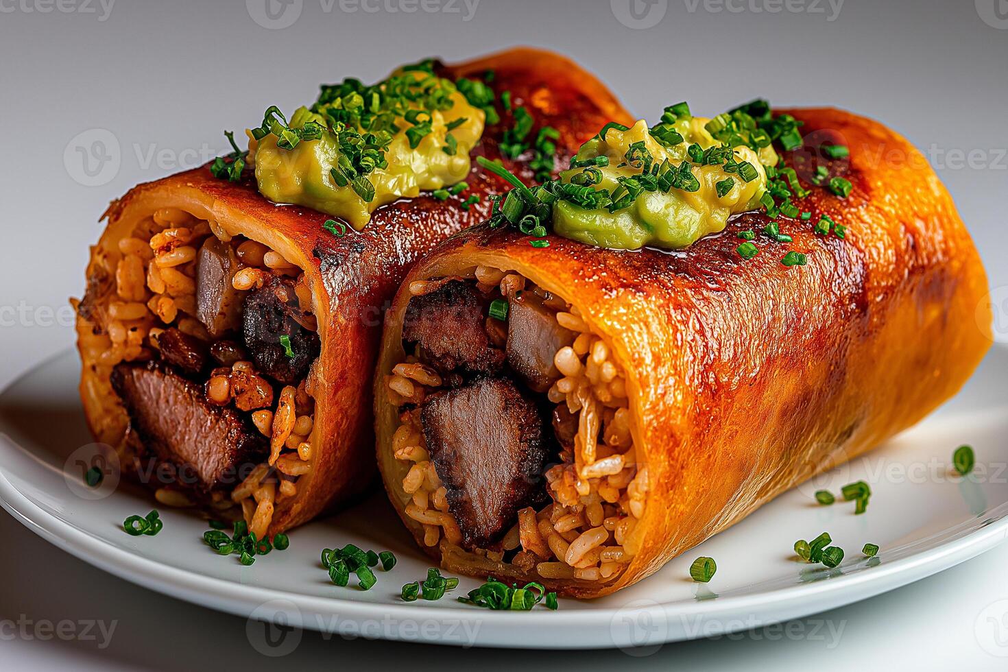 Delicious burrito filled with rice and meat, topped with guacamole and green onions, served on white plate photo