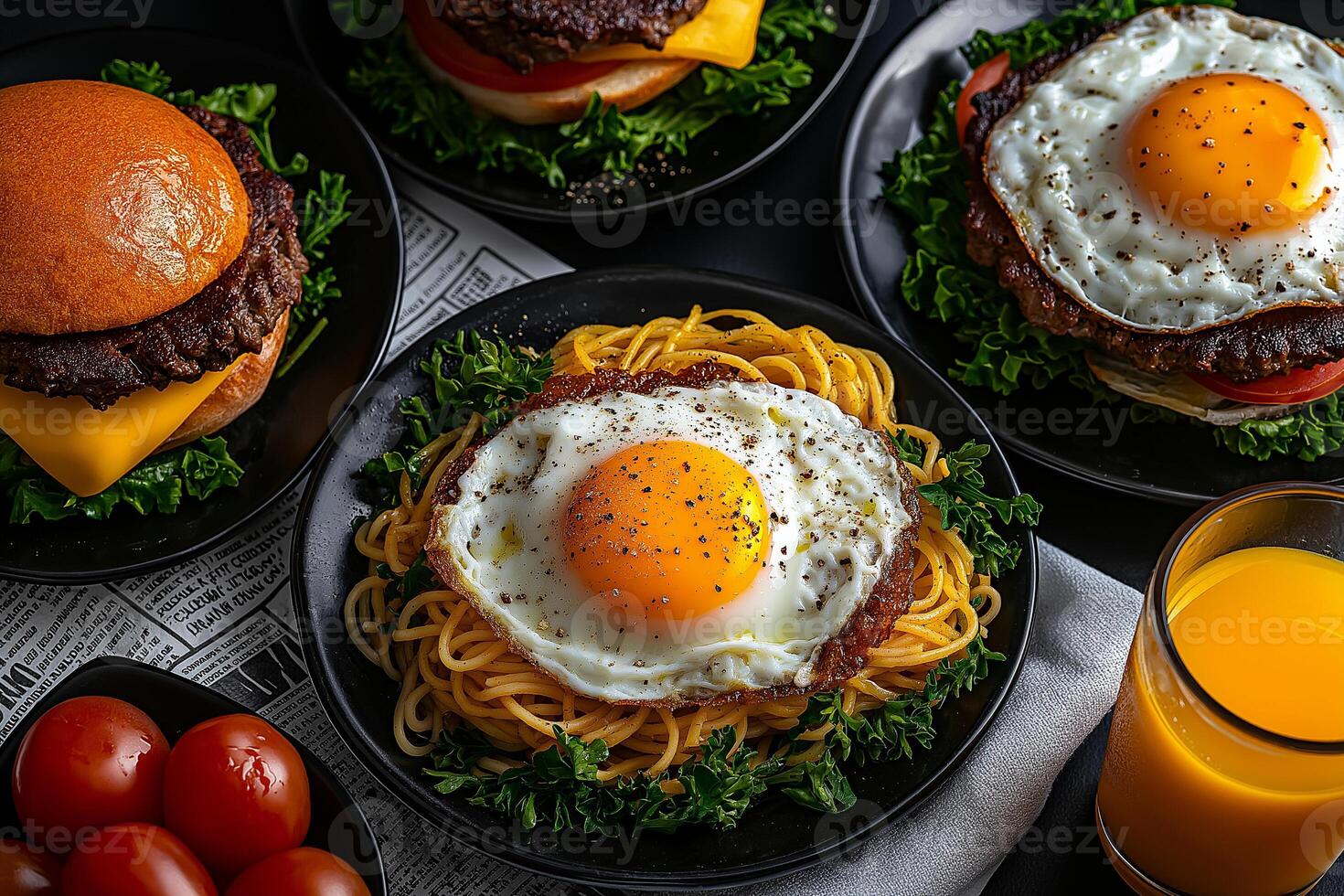 Delicious meal featuring spaghetti topped with fried egg, alongside burgers and fresh vegetables, creating vibrant and appetizing dining experience photo