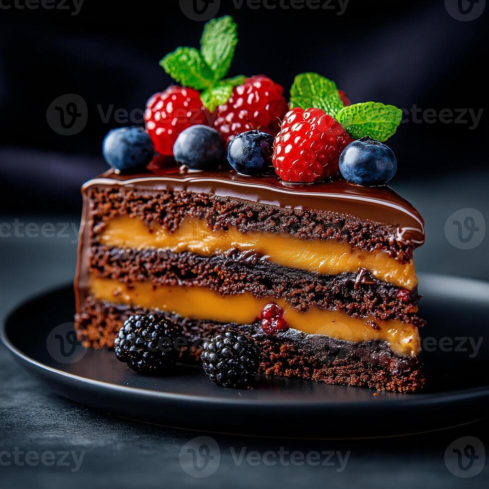 slice of chocolate cake with layers of caramel and topped with fresh berries, including raspberries and blueberries, garnished with mint leaves. Indulge in this delicious dessert photo