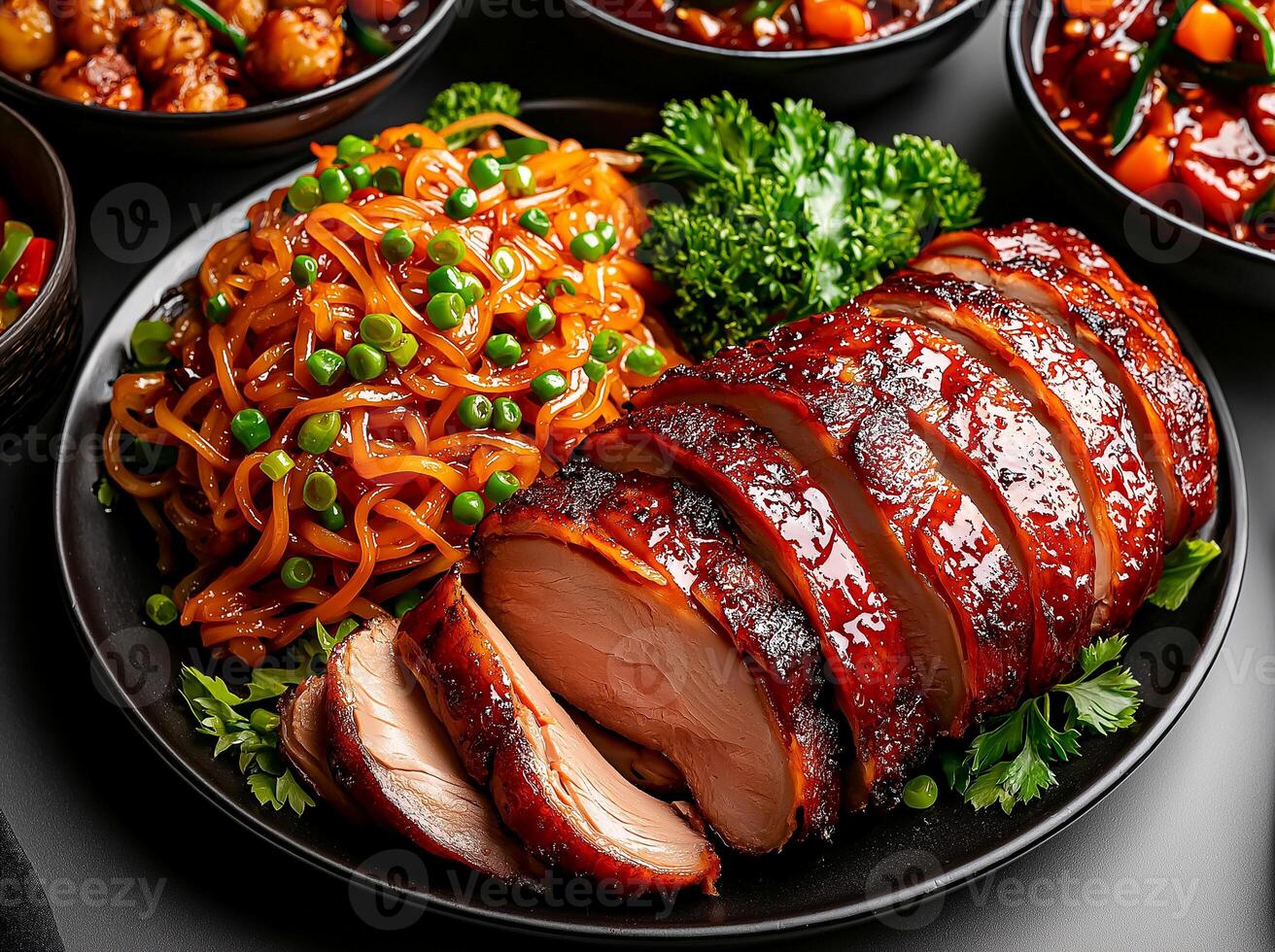 plate of sliced roasted duck served with stir fried noodles and vegetables, garnished with fresh herbs. vibrant colors and textures create appetizing presentation photo