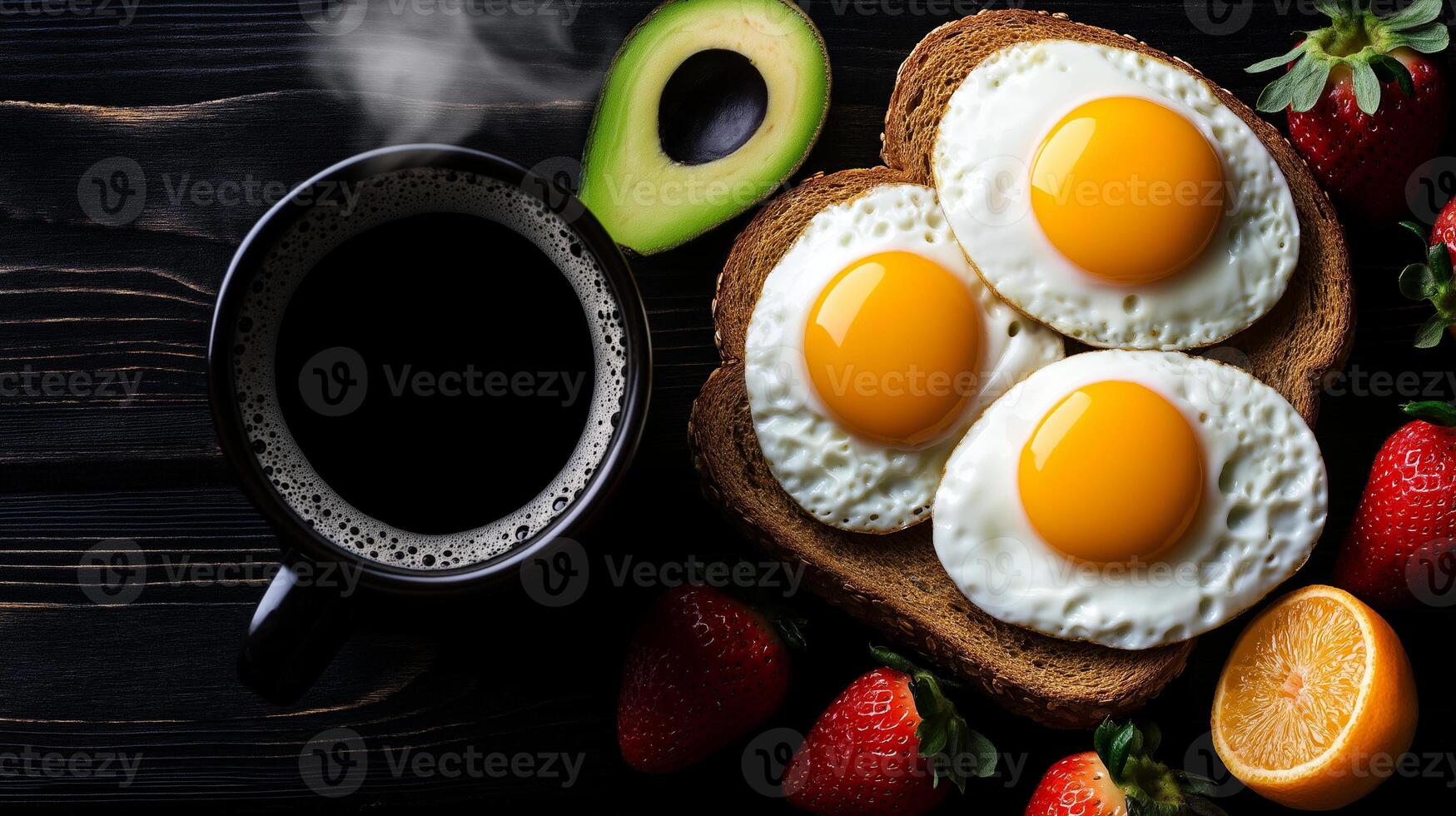 healthy breakfast featuring fried eggs on whole grain toast, fresh strawberries, avocado, and cup of coffee. This vibrant meal is perfect for starting day with energy photo
