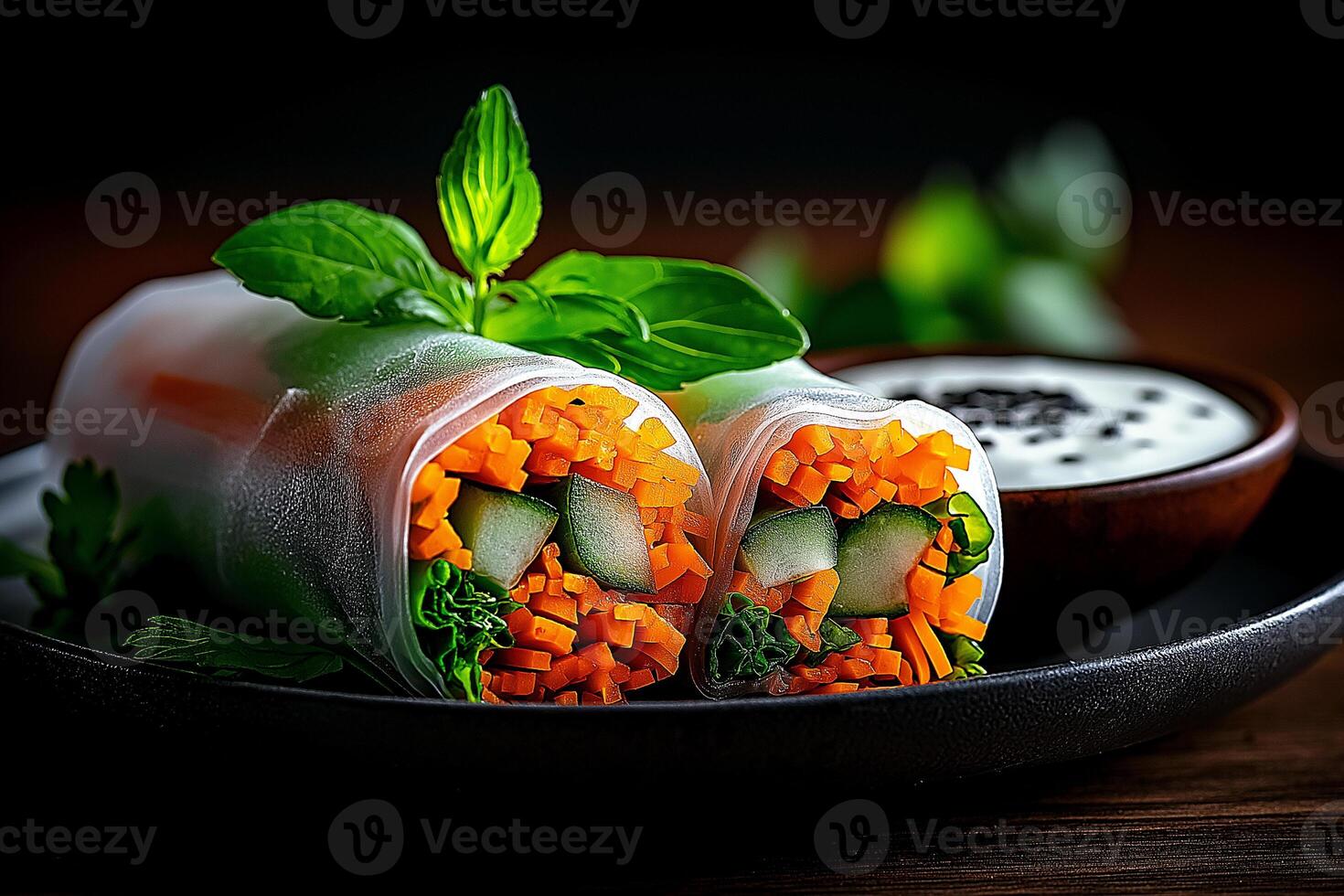 Fresh spring rolls filled with vibrant vegetables and herbs, served with creamy dip. healthy and colorful dish perfect for any occasion photo